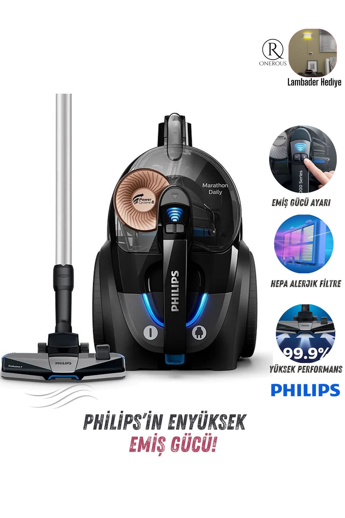 Philips Üstün Performanslı Çift Başlıklı Torbasız Süpürge , Powercyclone 8, Hepa Filtre