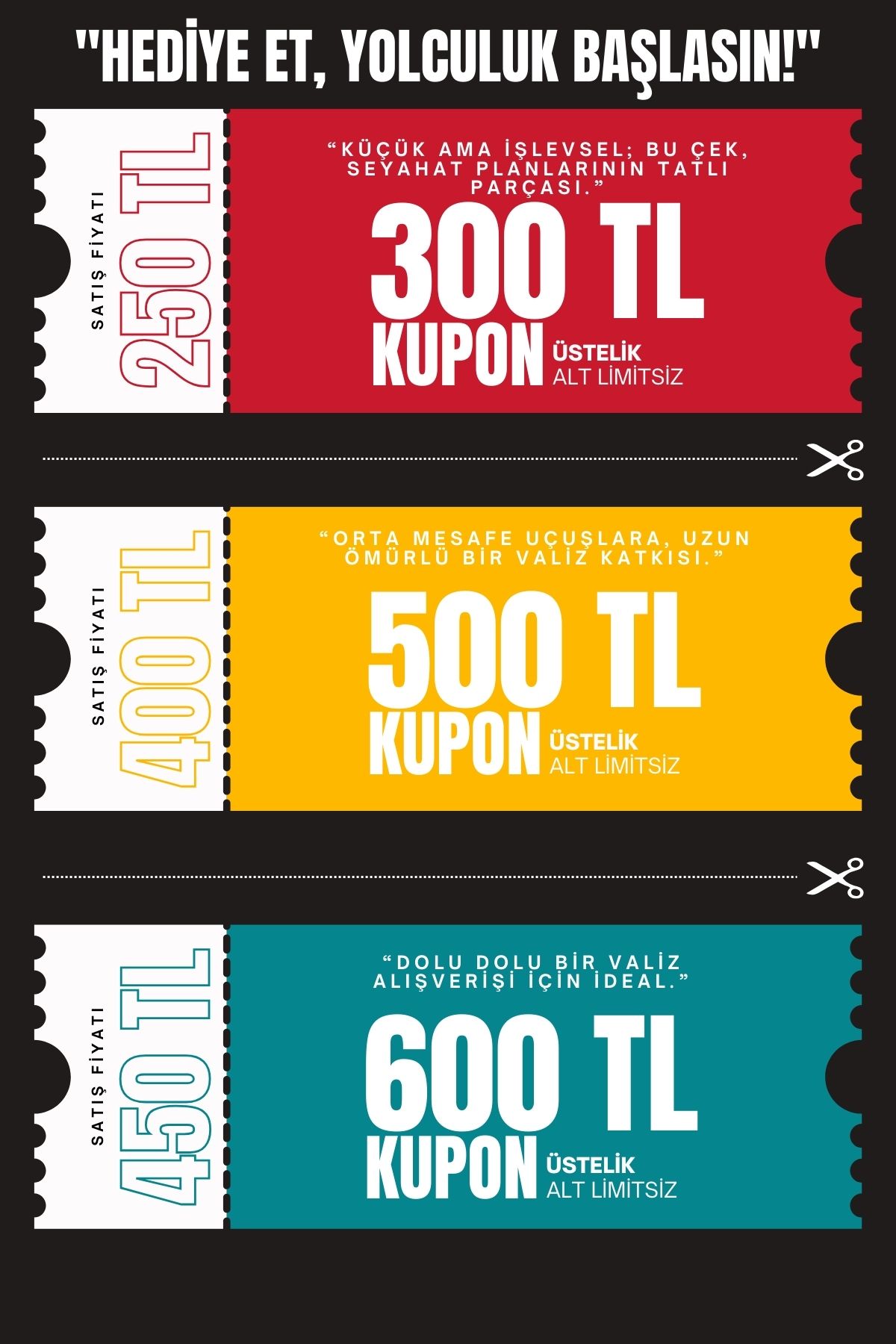 KabinValiz Seyahate Çıkmadan Kuponunu Al | Valiz Hediye Çeki 300-500-600 TL | Alt Limitsiz & Faturalı