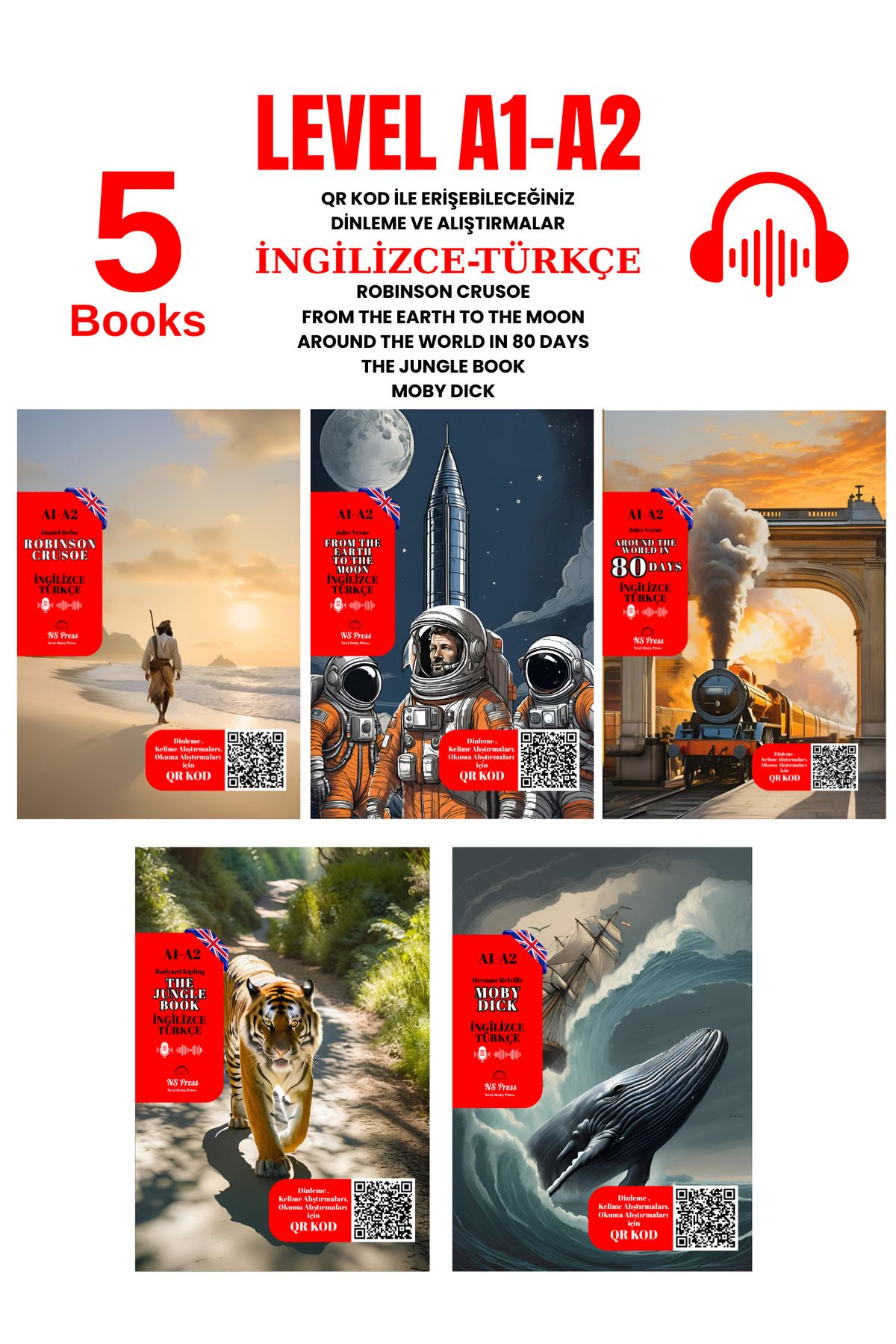 TGR Yayıncılık İngilizce 5'li A1-A2 Seviye QR Kod ile Dinlemeli ve Alıştırmalı Hikaye Seti