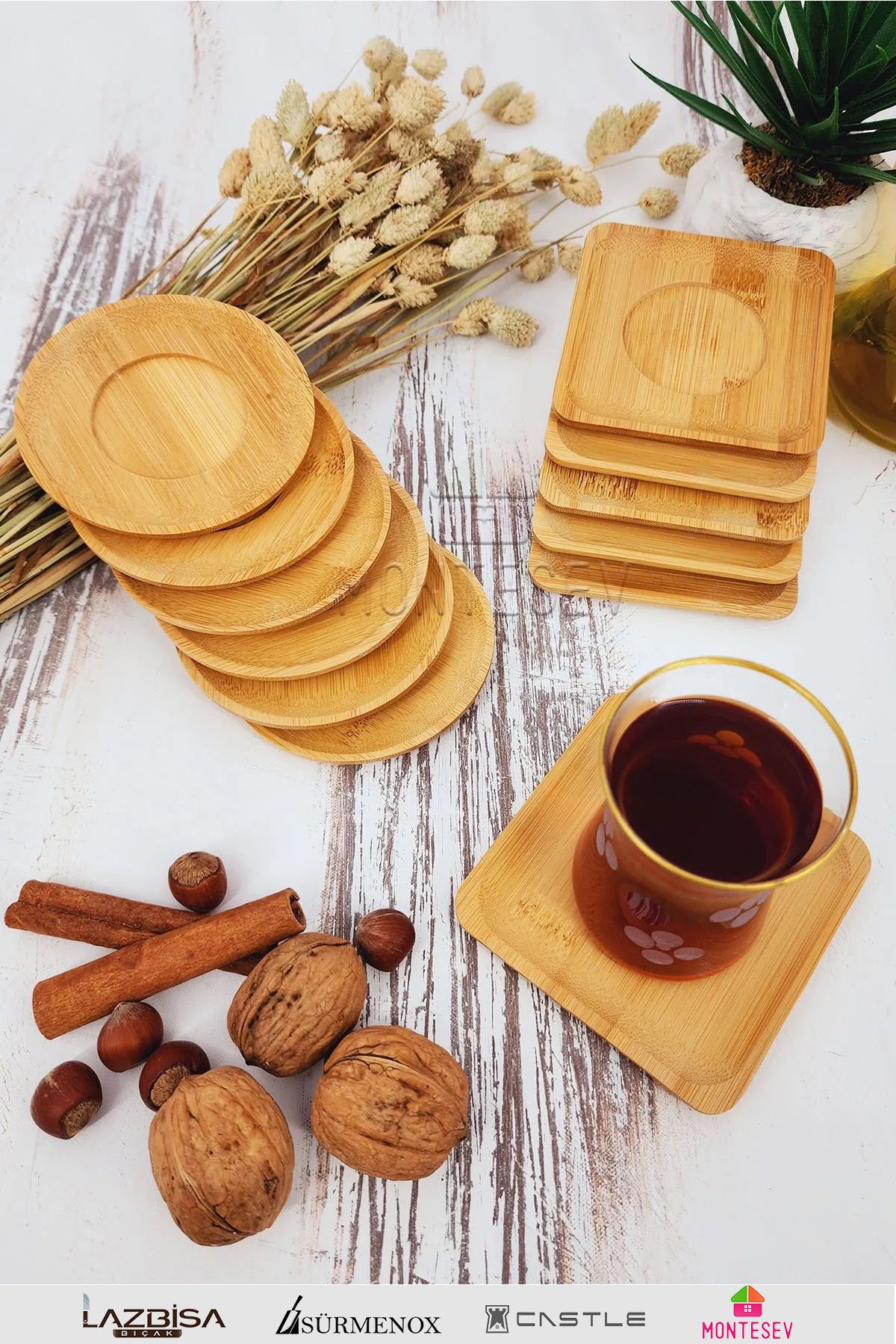 MONTESEV Ahşap Çay Tabağı 12 Li Set Bardak Fincan Kupa Altlığı ( Yuvarlak - Kare )