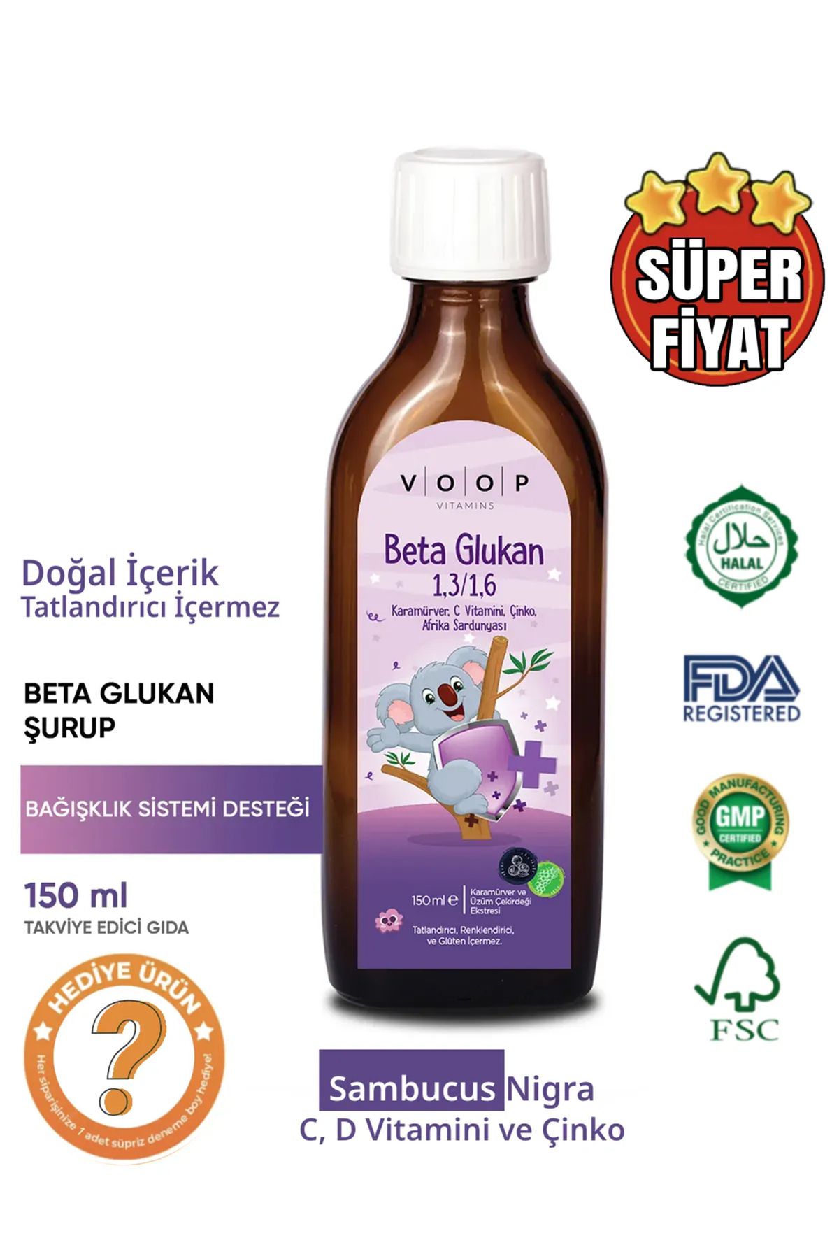 VOOP Beta Glukan 1,3/1,6 Kara Mürver, Vitamin C, Çinko Şurup 150 ml