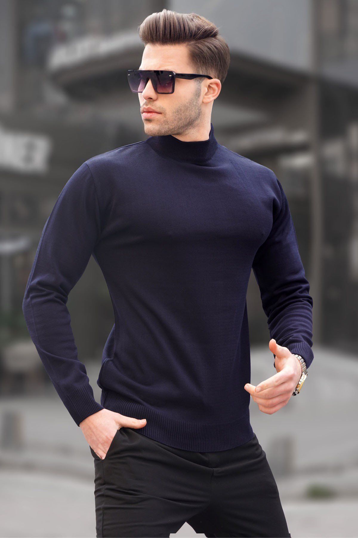Madmext Lacivert Slim Fit Yarım Balıkçı Yaka Erkek Triko Kazak 6343