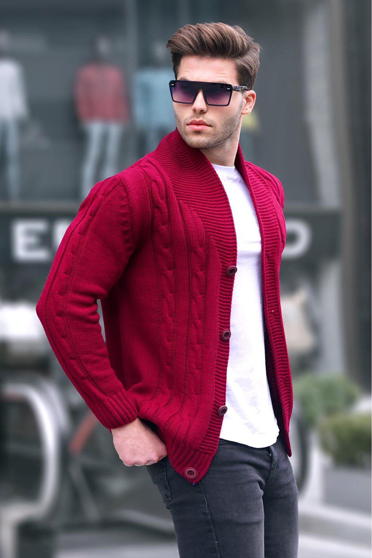 Madmext Bordo Örgülü Erkek Hırka 9053