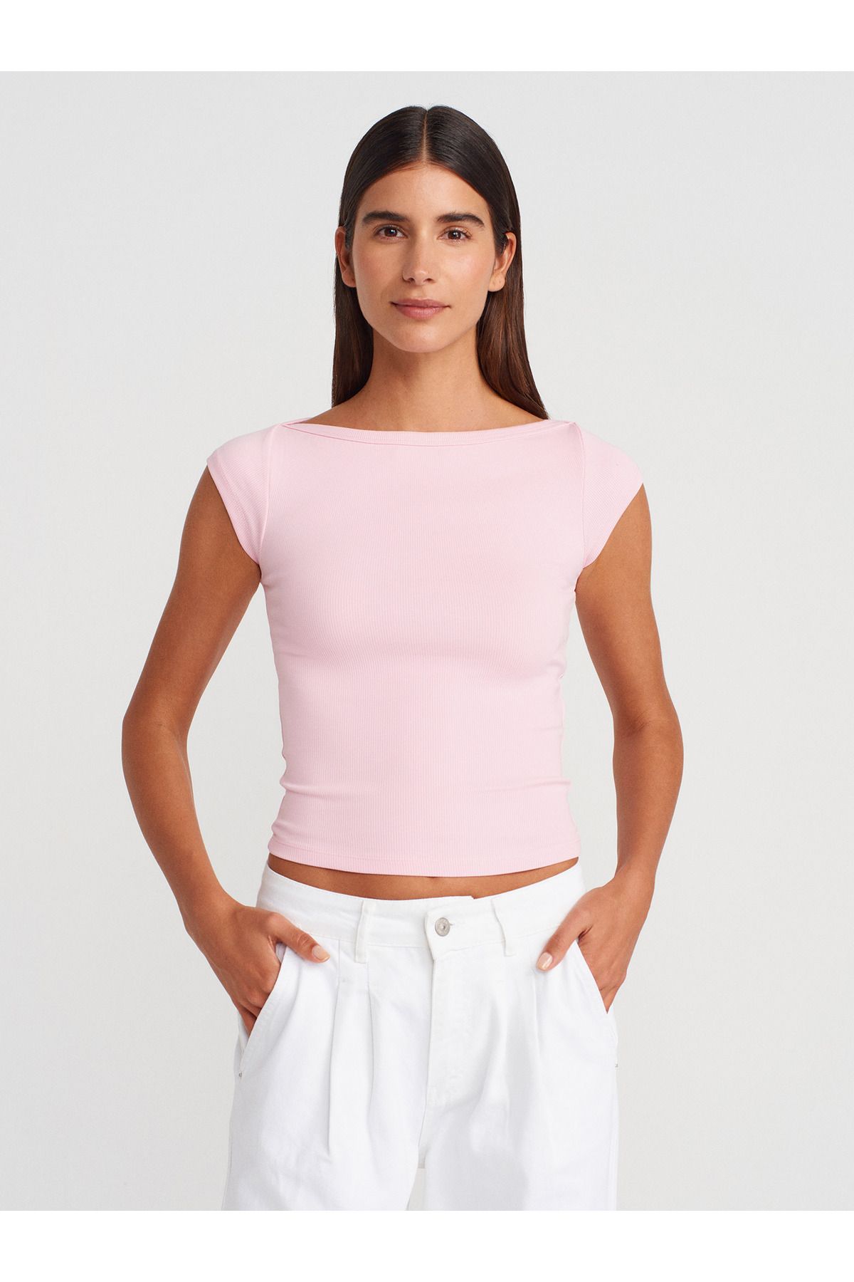 Dilvin 31809 Kayık Yaka Fitilli T-shirt-Toz Pembe