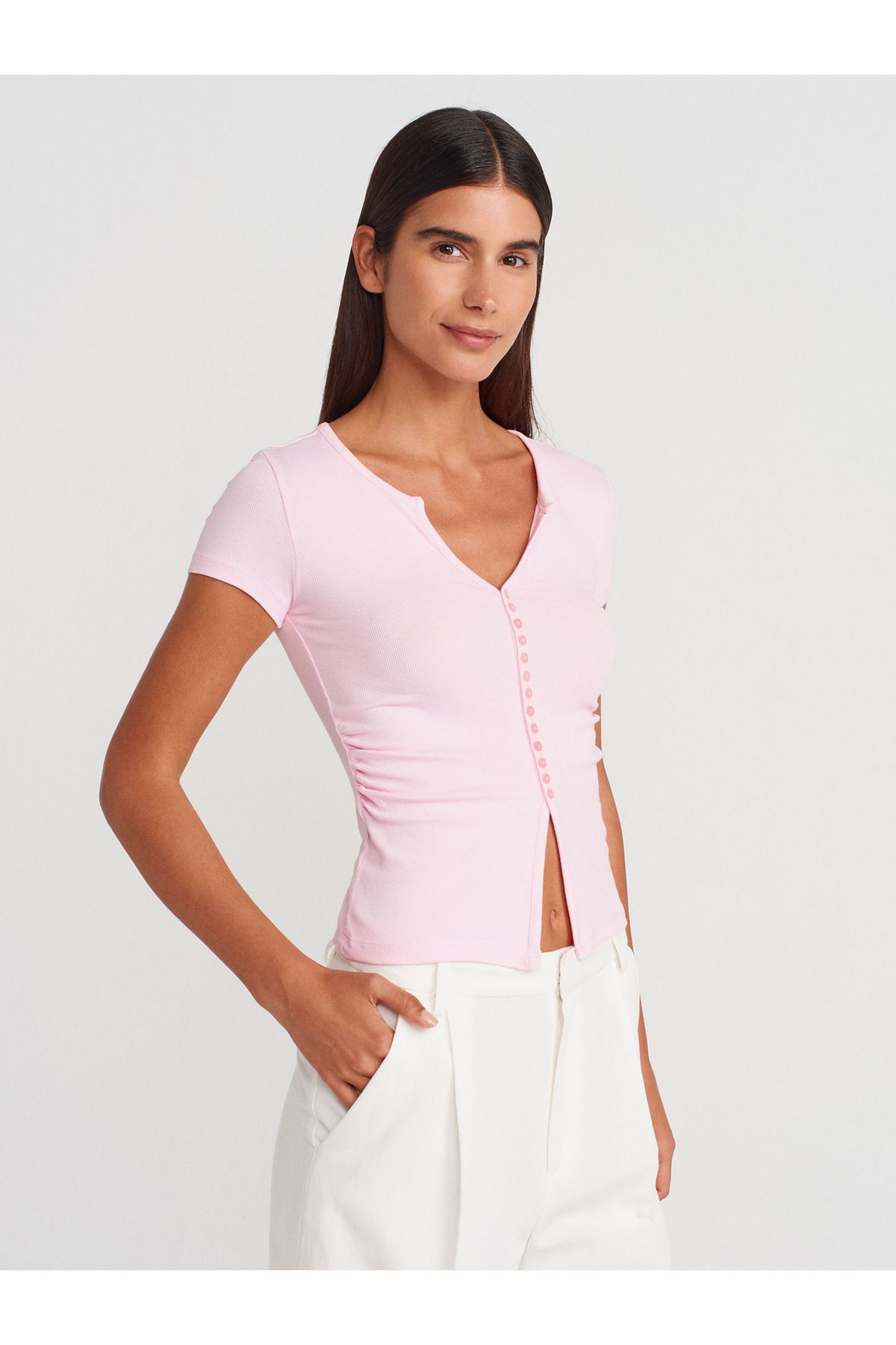 Dilvin 31838 Düğmeli Kısa Kollu Top-Açık Pembe