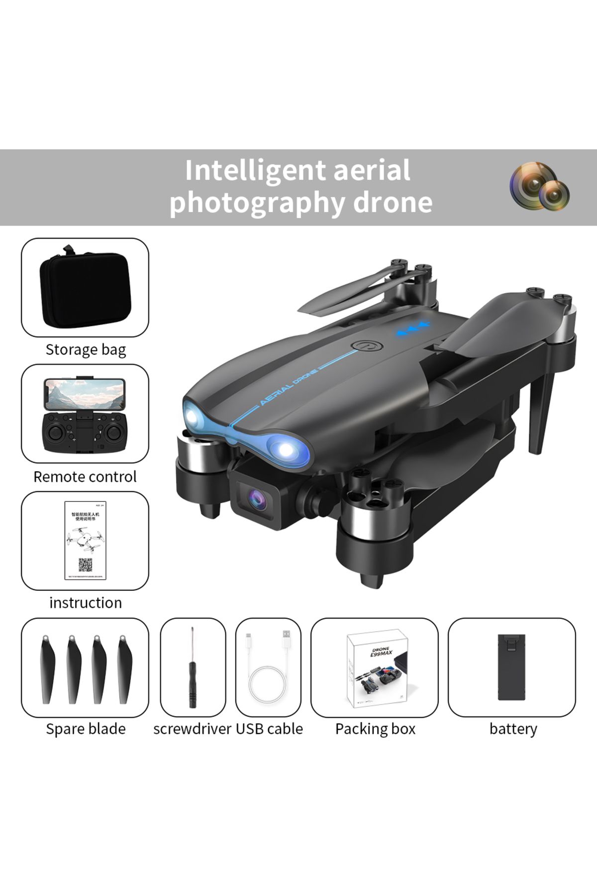İMEXTECH E99 Max Rc Uçak Drone Hd Çift Lens Uygulaması Uzaktan Kumanda 2 Pil İle