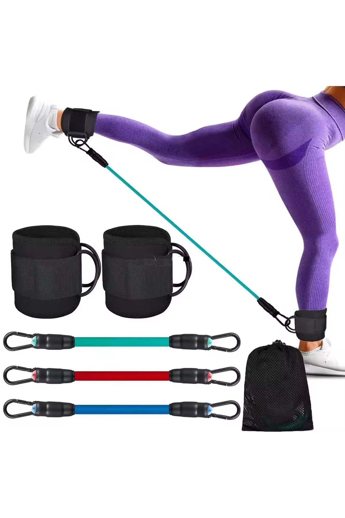 GUS Company 6'lı Set Direnç Lastiği Baldır Kalça Egzersiz Seti (Ayak Bileği Kayışı ve Taşıma Çantası)