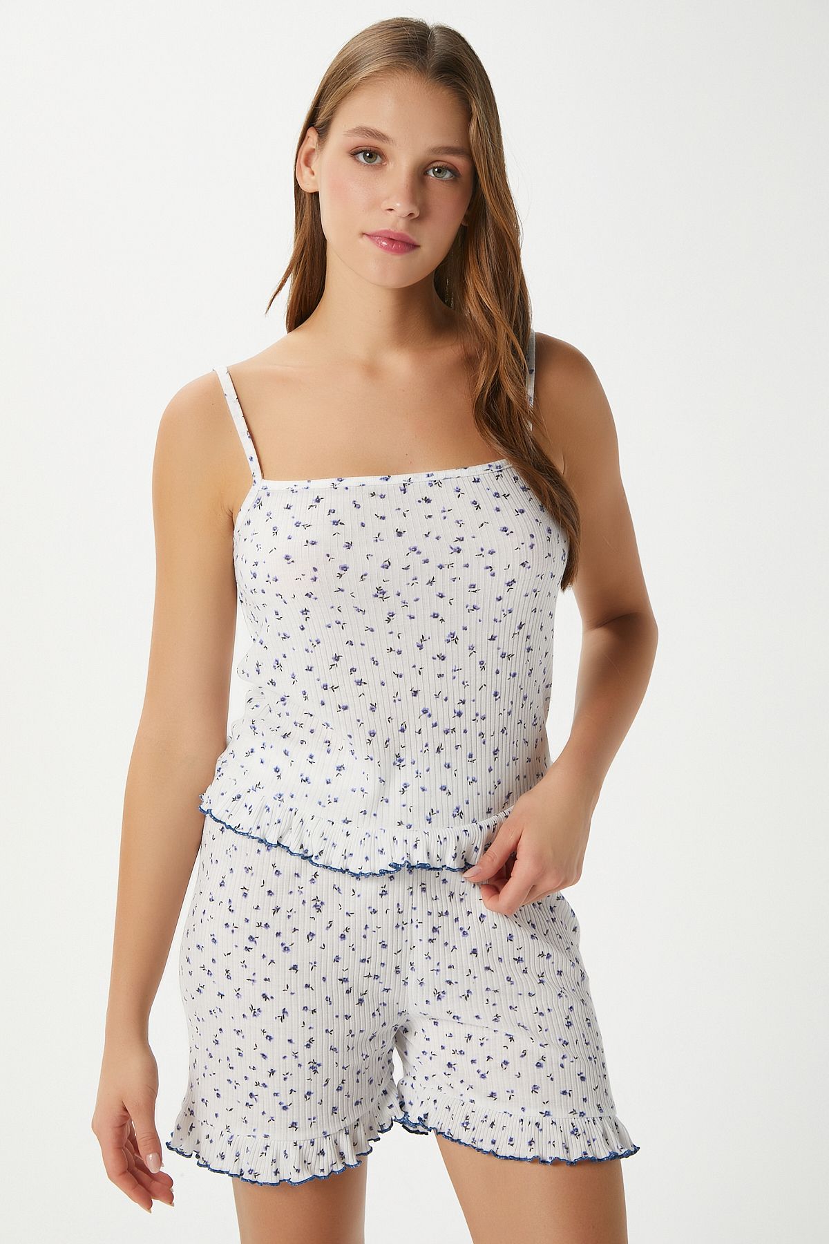 Ritnice Kadın Paula Askılı Mavi Fırfır Şortlu Pijama Takımı