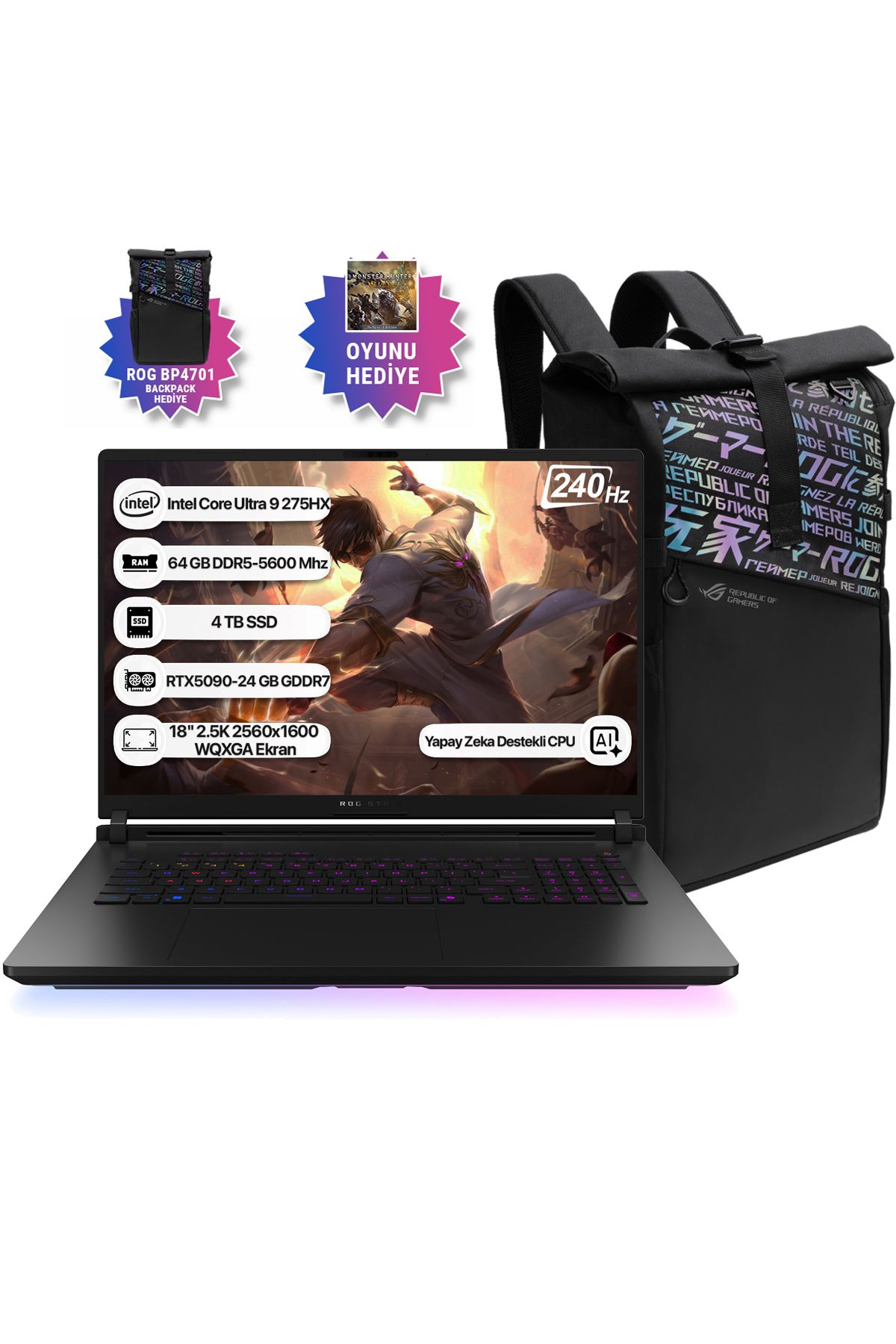 ASUS Rog Strix Scar 18 G835LX-SA156 Ultra 9 275HX 64GB 2TB+2TB SSD RTX5090-24GB Dos 18" 240Hz WQXGA