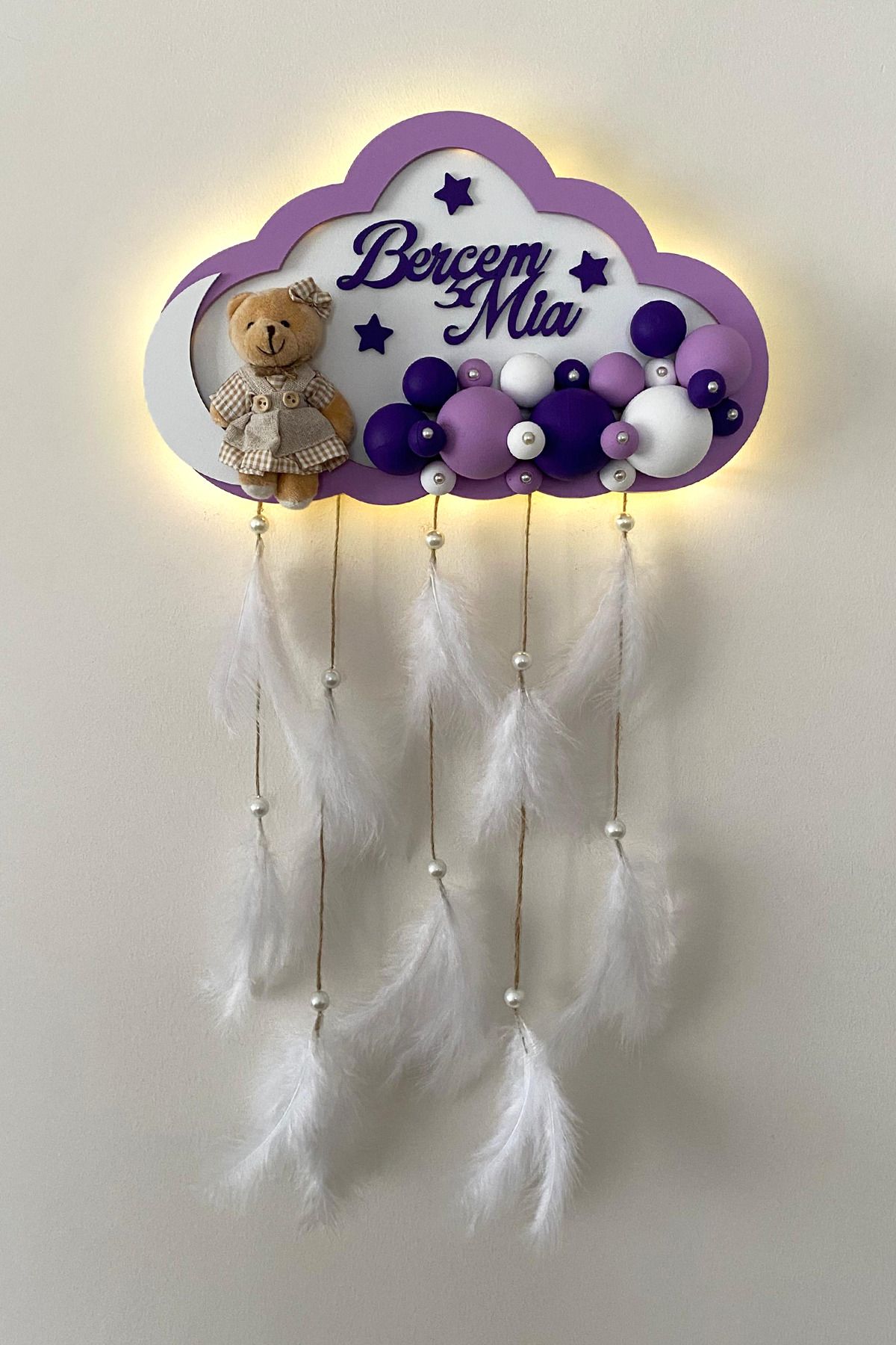 Ahşaplan Bubble Ledli Bulut Bebek Kapı Süsü | Bebek Odası Duvar Süsü