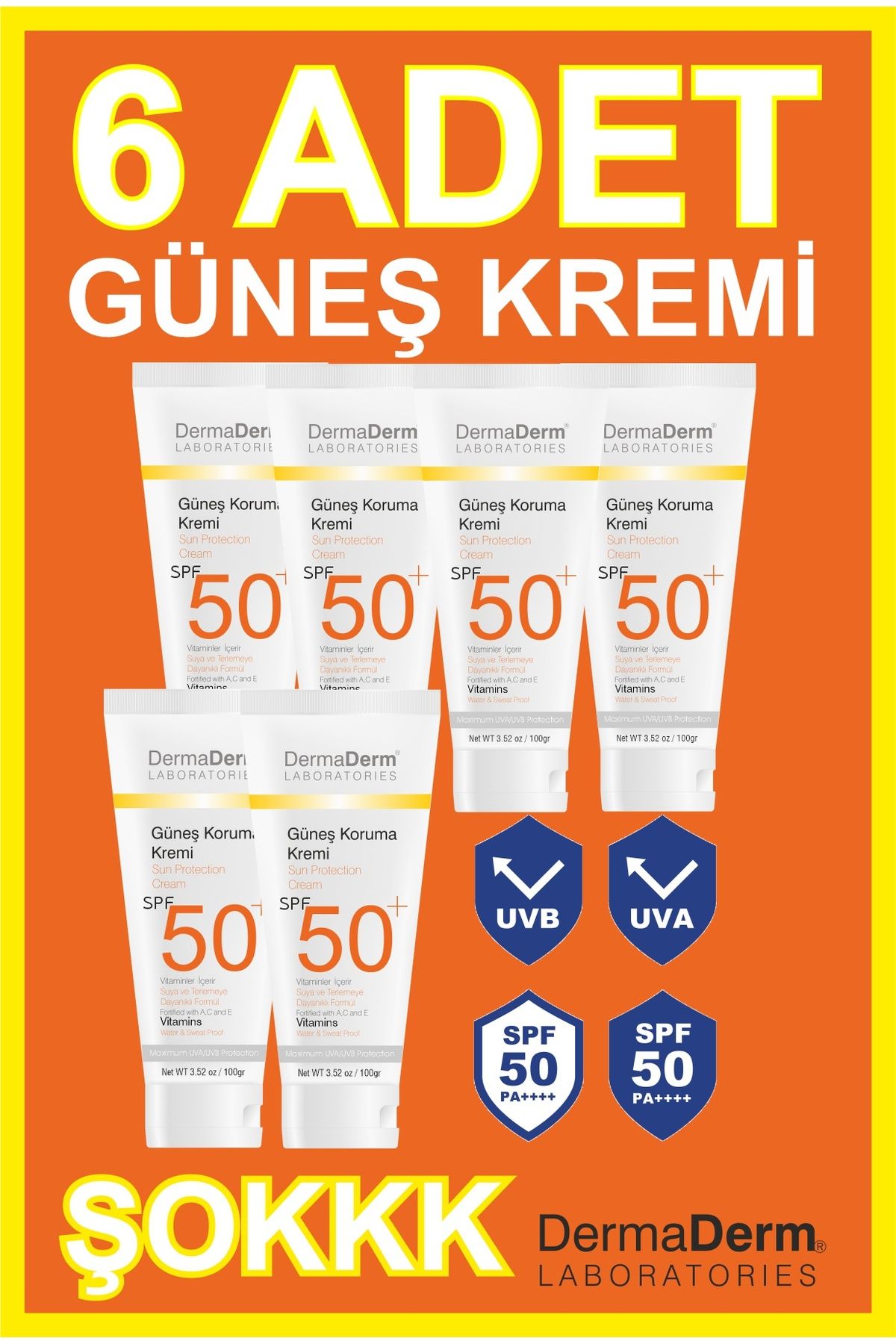 DermaDerm Güneş Kremi Spf 50 | Yüksek Uva/uvb Koruma | Yeni Üretim 100 gr 6 Adet