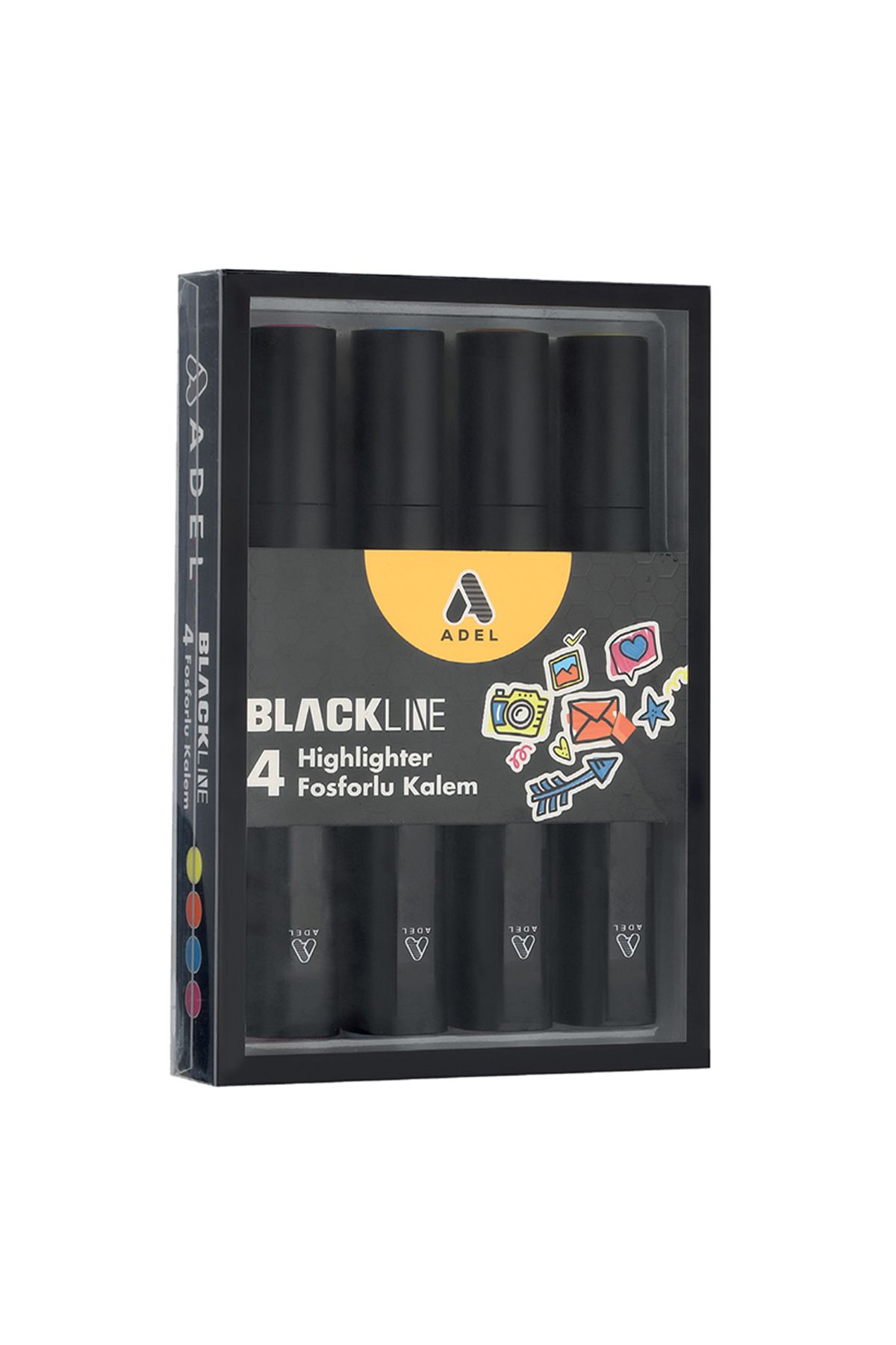 Adel Blackline Fosforlu Kalem, 4'lü Set,Kesik Uçlu, Canlı Renkler