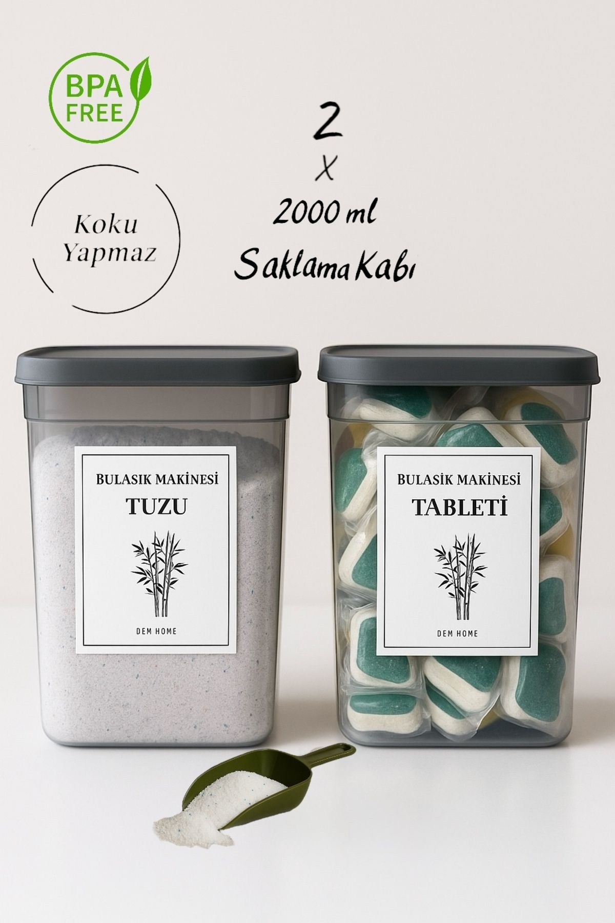 Dem Home 2'li Antrasit Bulaşık Makinası Tableti Ve Tuzu Kabı Deterjan Kutusu Saklama Kabı 2000 Ml