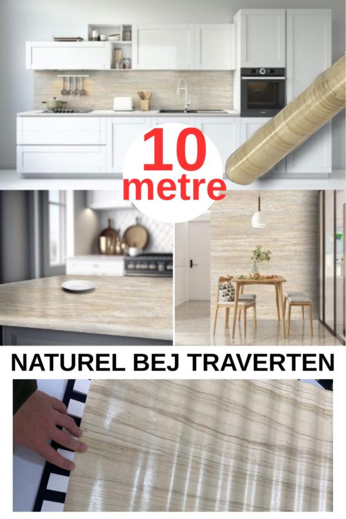 Renkli Duvarlar 67cm x 10 Metre 1 Adet Yapışkanlı Rulo Bej Traverten Desenli Mutfak Duvar Kaplama Folyosu Kağıdı