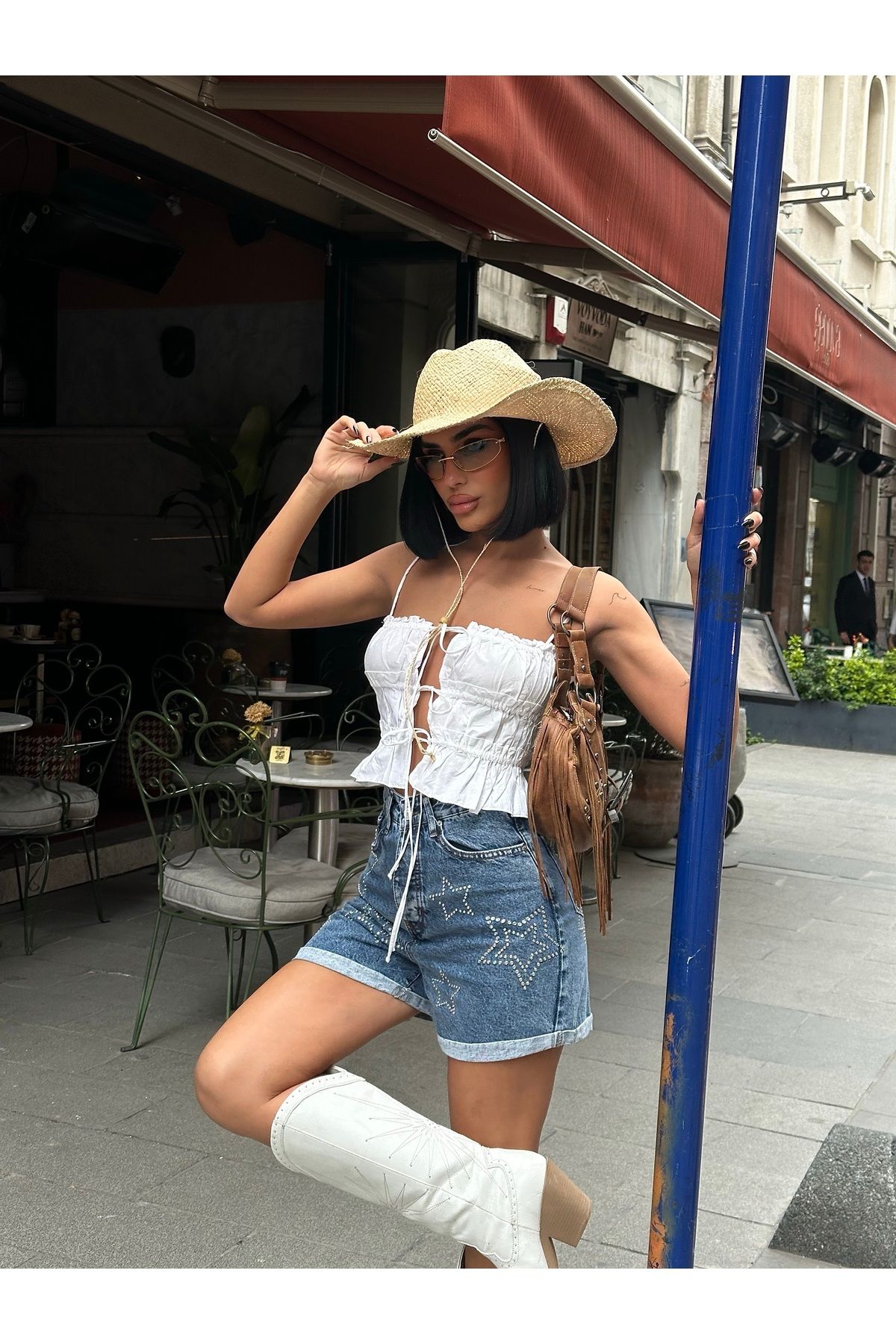 Diviny Kadın Mavi Yıldız Taşlı Yüksek Bel Mini Şort