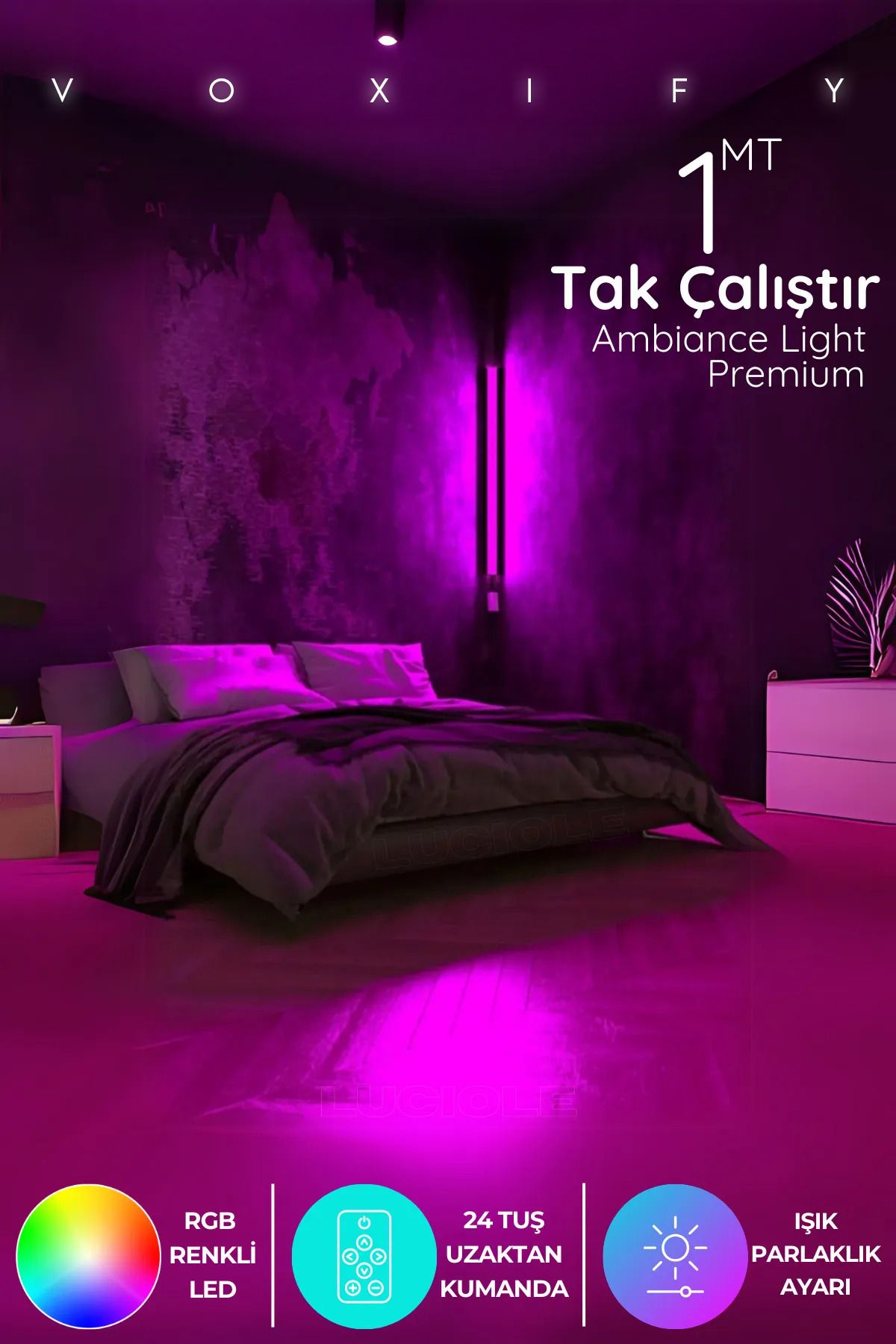 Voxify 1 Metre Rgb Kumandalı Oda Ambiyans Aydınlatma Çubuk Led Çok Renkli Duvar Tak Çalıştır Aplik Pembe