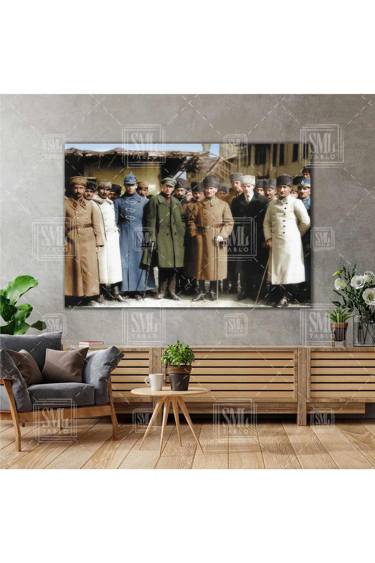 SML TABLO Bastonlu Atatürk Resmi Toplu Çekim Ismet Inönü Nostalji Yatay Kanvas Tablo
