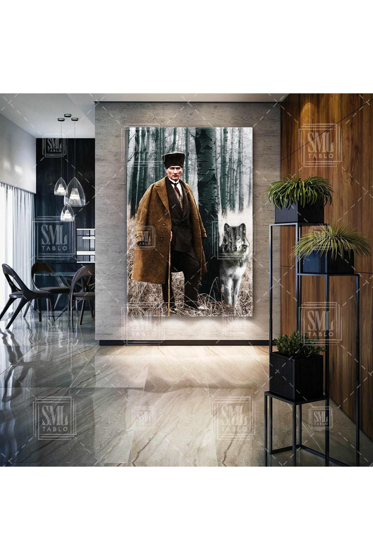 SML TABLO Mustafa Kemal Atatürk Ormanda Asil Kurt Dikey Kanvas Tablo