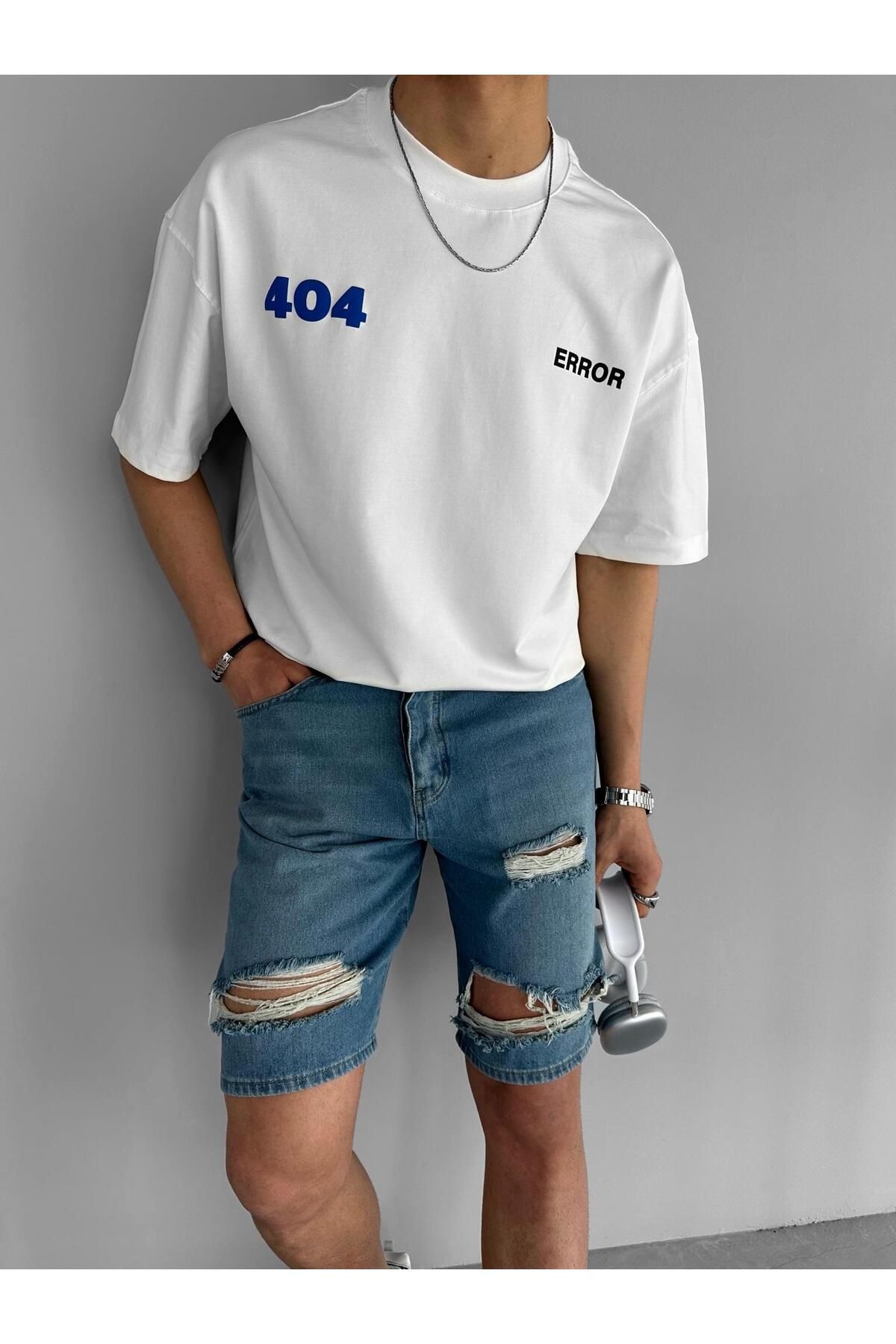 ablukaonline Erkek Oversize Distressed Jean Şort Mavi
