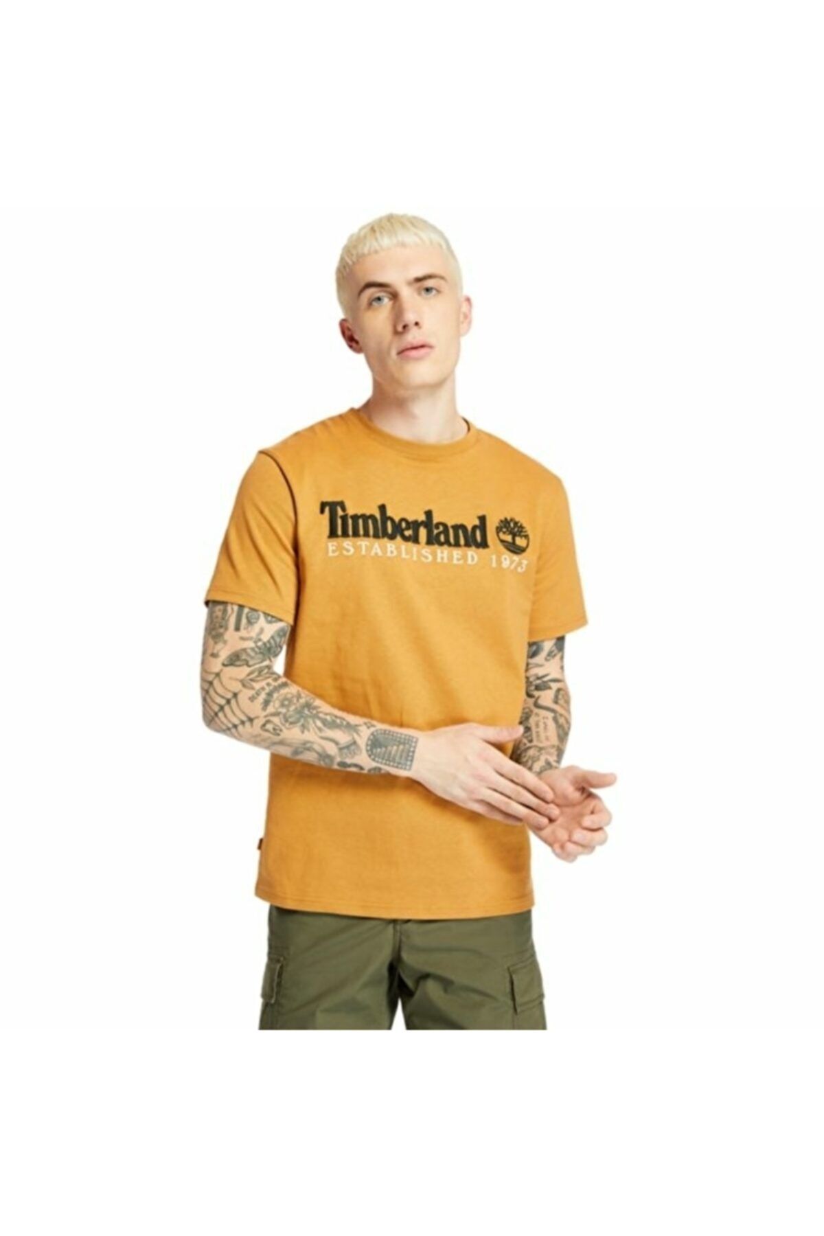 Timberland Klasik Hardal Yazılı Erkek T-shirt