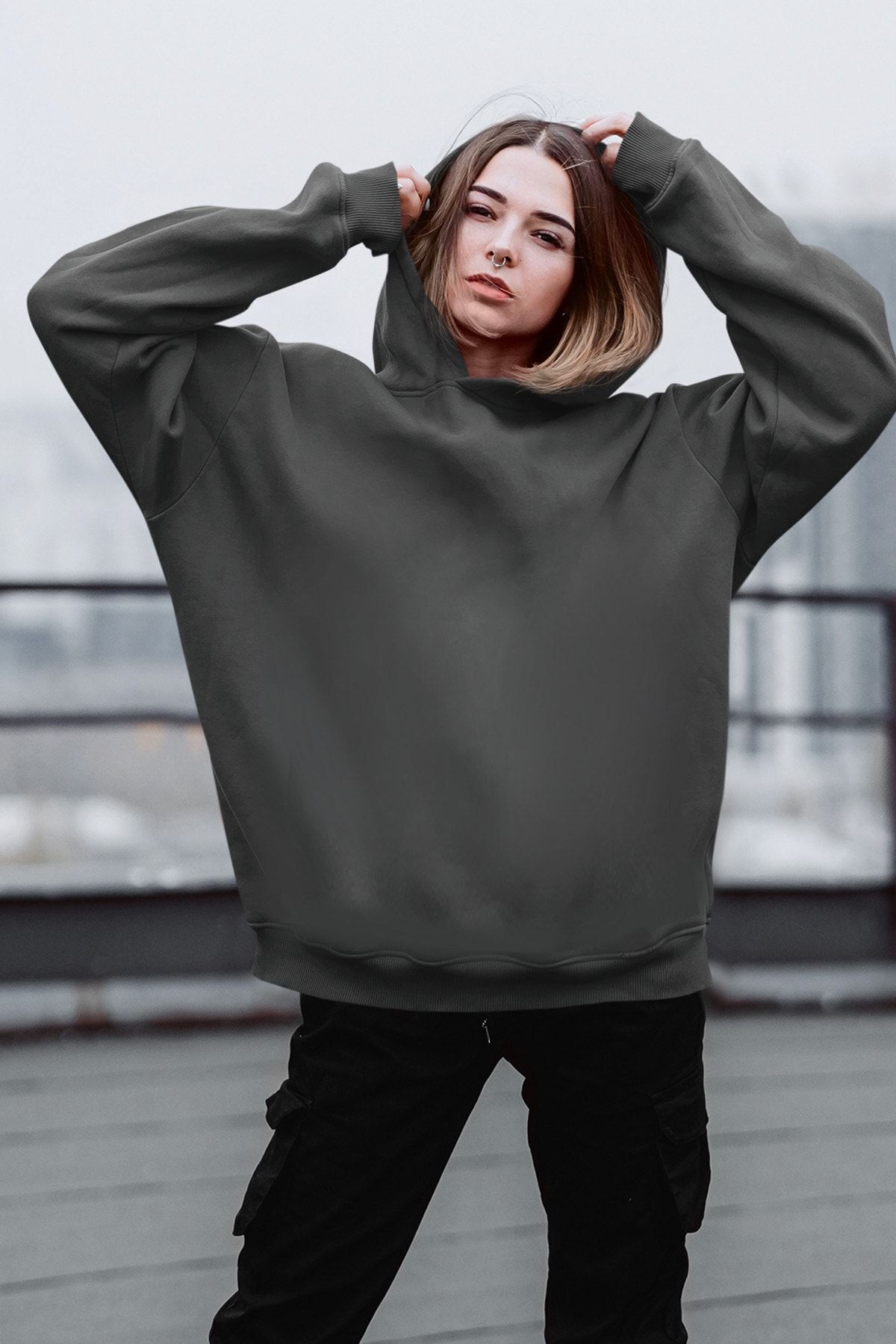 ROCKANDROLL Kadın Antrasit Düz, Baskısız Kapüşonlu Kalın Oversize Sweatshirt