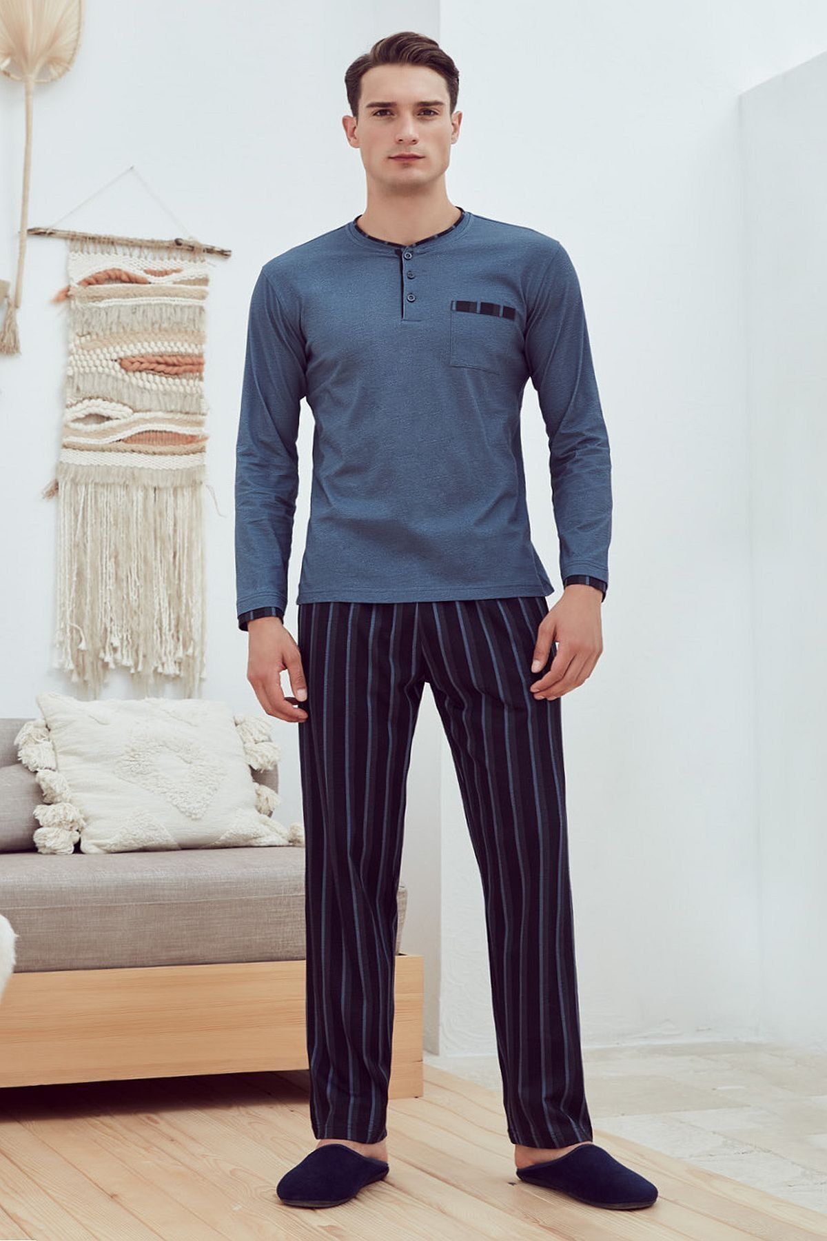 Eros 29102 Pamuk Uzun Kol Erkek Pijama Takımı Mavi