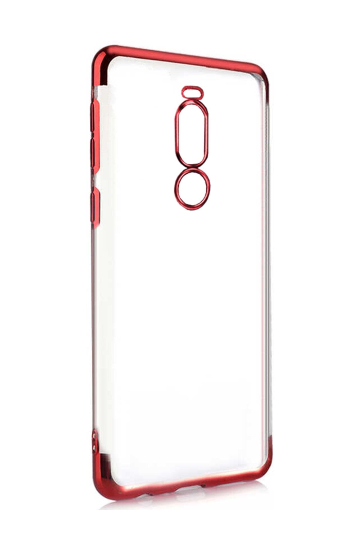 Meizu Note 8 Kılıf Köşeleri Lazer Boyalı Şeffaf Silikon Kırmızı