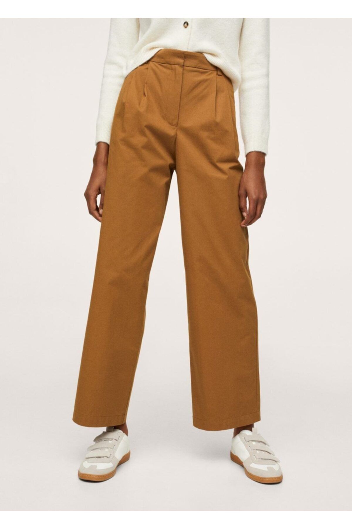 MANGO Kadın Orta Kahverengi Pilili Koton Pantolon