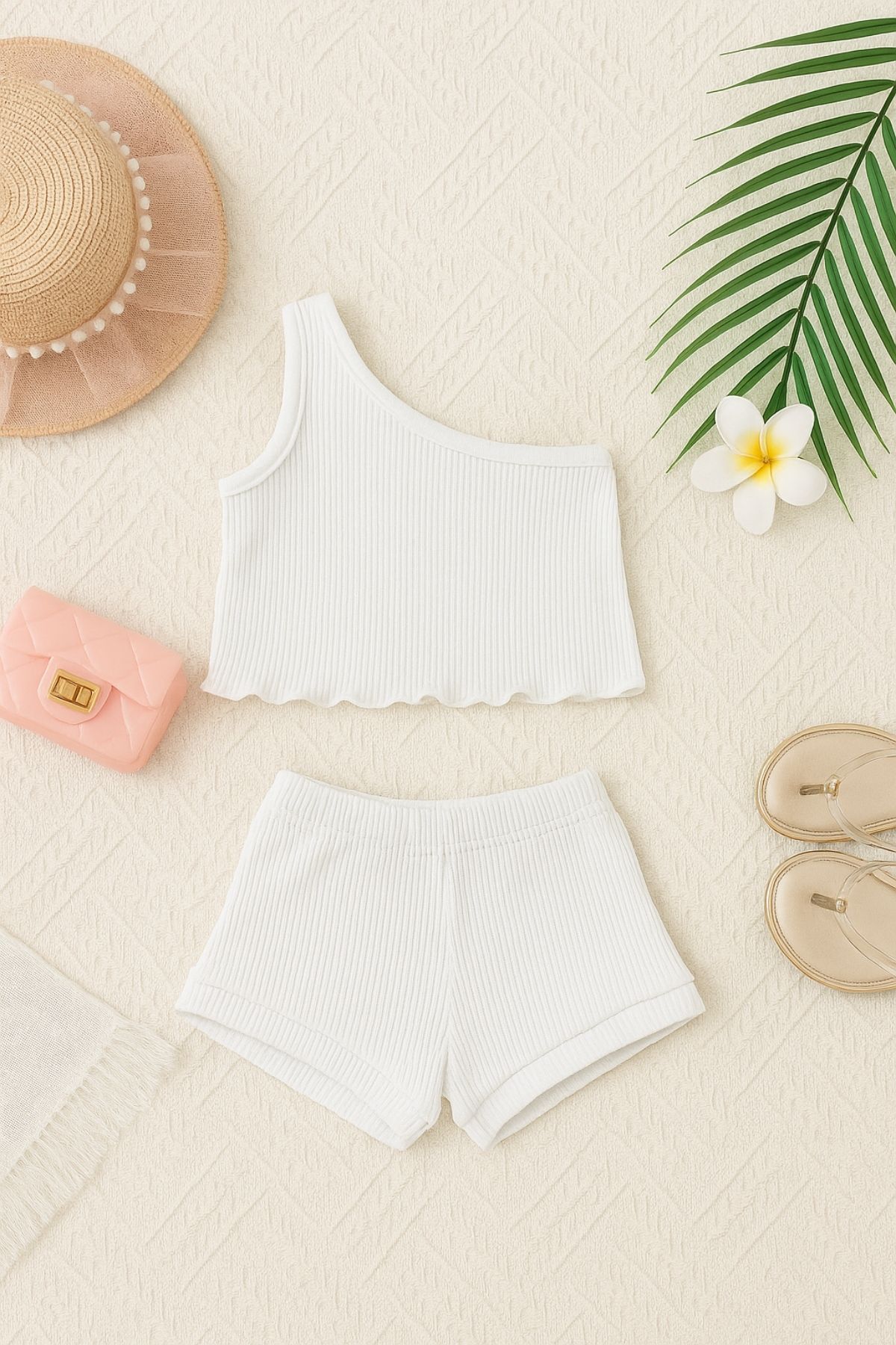 ADABEBEK Fitilli Tek Kol Bebek Crop Şortlu 2'li Bebek Takım