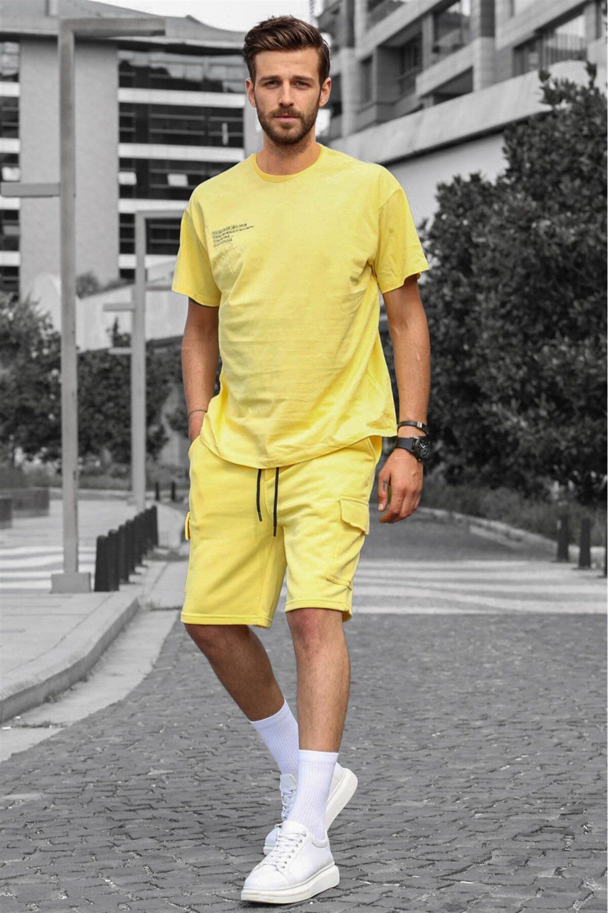 Madmext Sarı Oversize Erkek Şort Takımı 5391