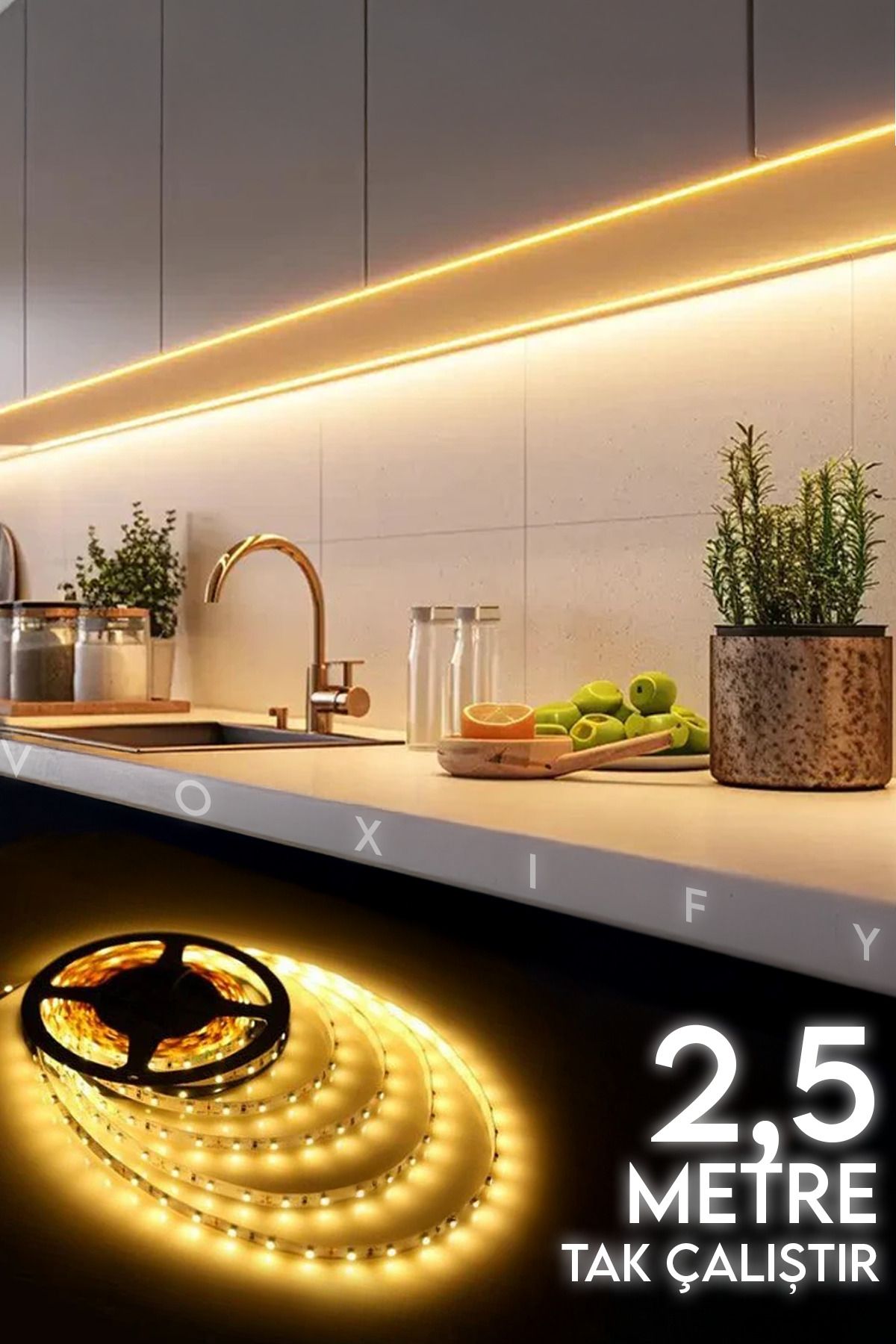 Voxify 2,5 Metre Mutfak Tezgah Altı Led Aydınlatma Adaptörlü Tak Çalıştır Yüksek Şerit Led Gün Işığı