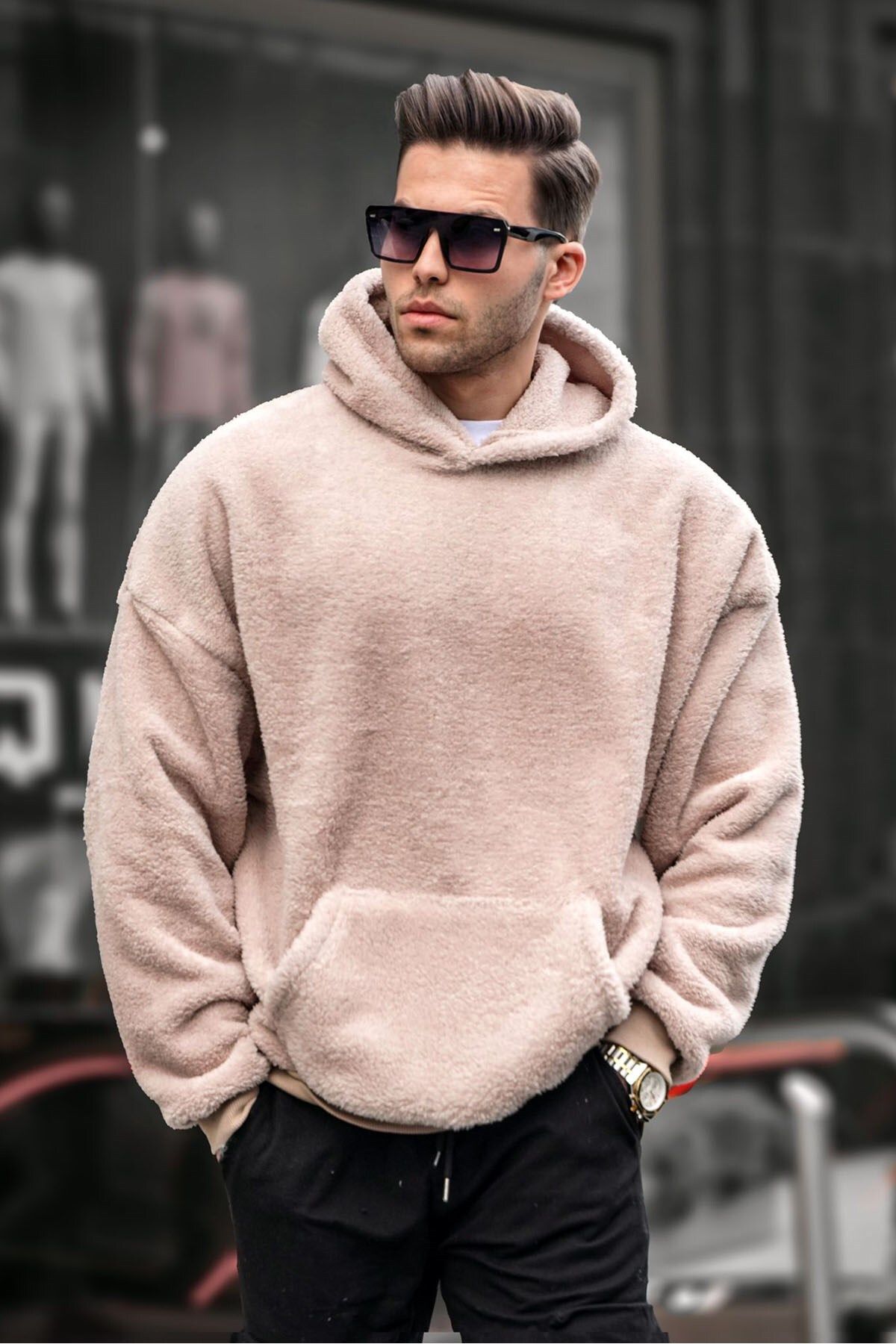Madmext Bej Peluş Kapüşonlu Erkek Sweatshirt 6050
