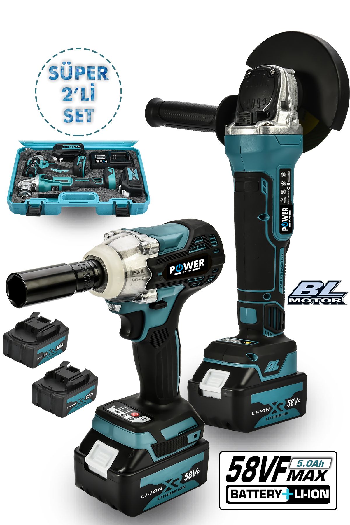 POWER BLACK 2 Li Set Şarjlı Taşlama Şarjlı Somun Sıkma Sökme Setli 58vf