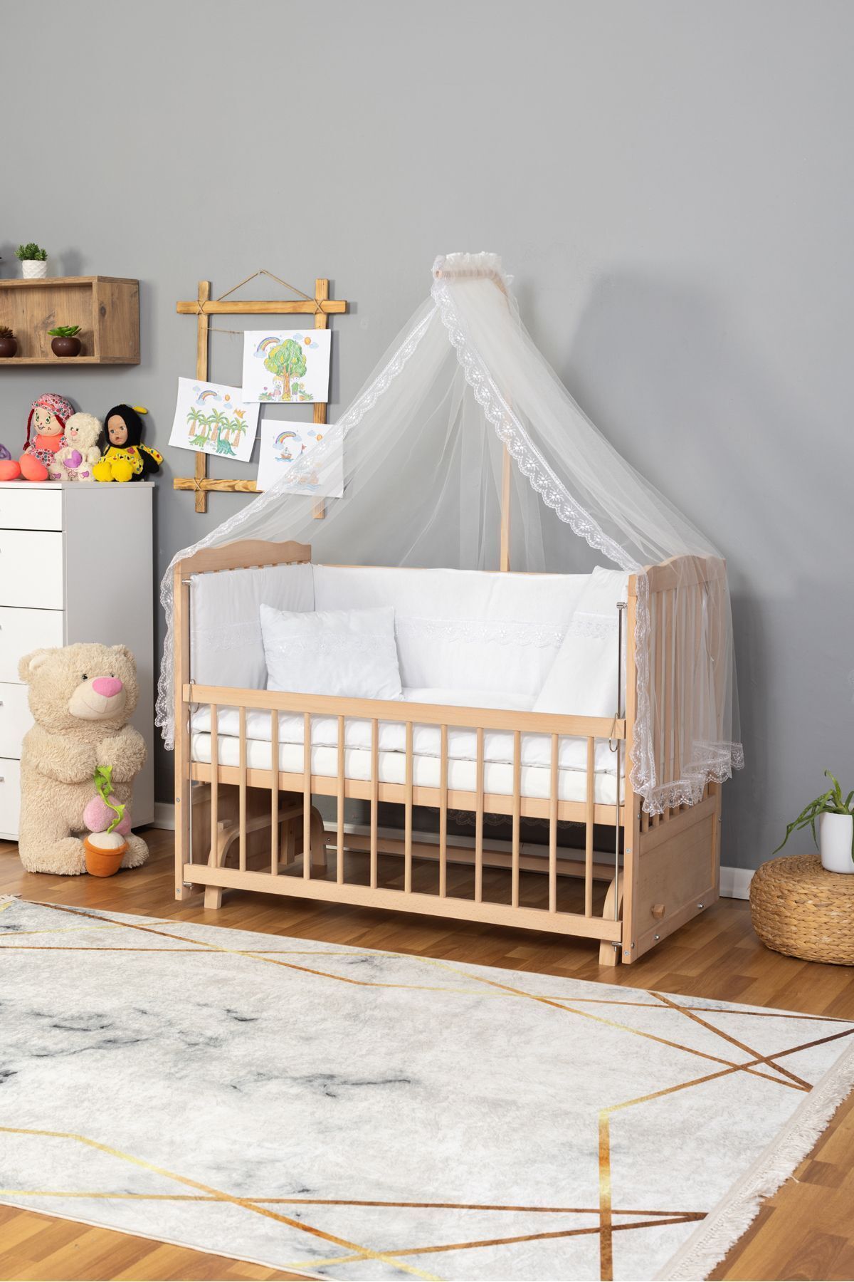 Bamgidoo Ahşap Beşik Anne Yanı Beşik Organik(Boyasız) 60x120-Beyaz Güpür Uyku Seti + Yatak