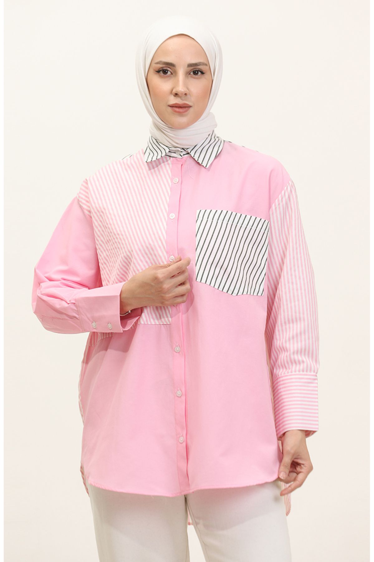 sefamerve Garnili Çizgili Gömlek 4812-02 Pembe