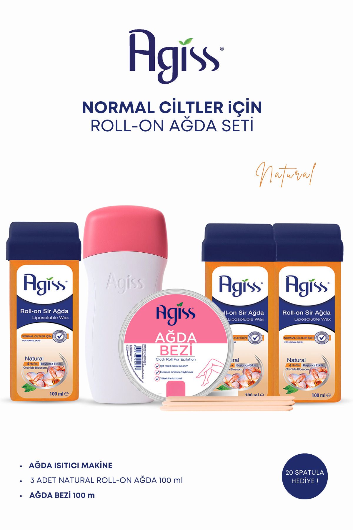 AGISS Normal Ciltler Için Ağda Seti, 3 Adet Kartuş Roll-on Ağda Isıtıcı Ağda Makinesi 100 Metre Ağda Bezi