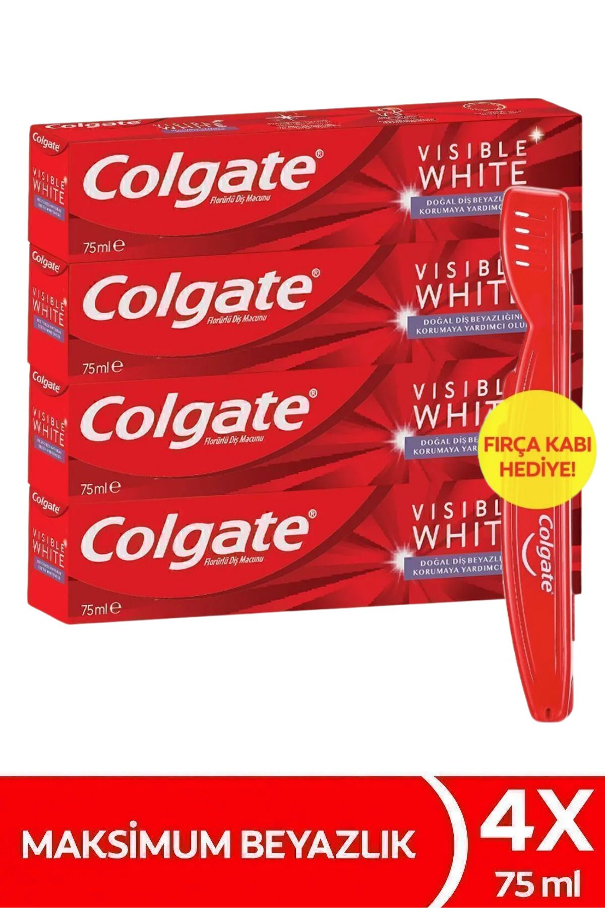 Colgate Visible White Maksimum Beyazlık Beyazlatıcı Diş Macunu 75 ml X4 Adet - Diş Fırça Kabı Hediye