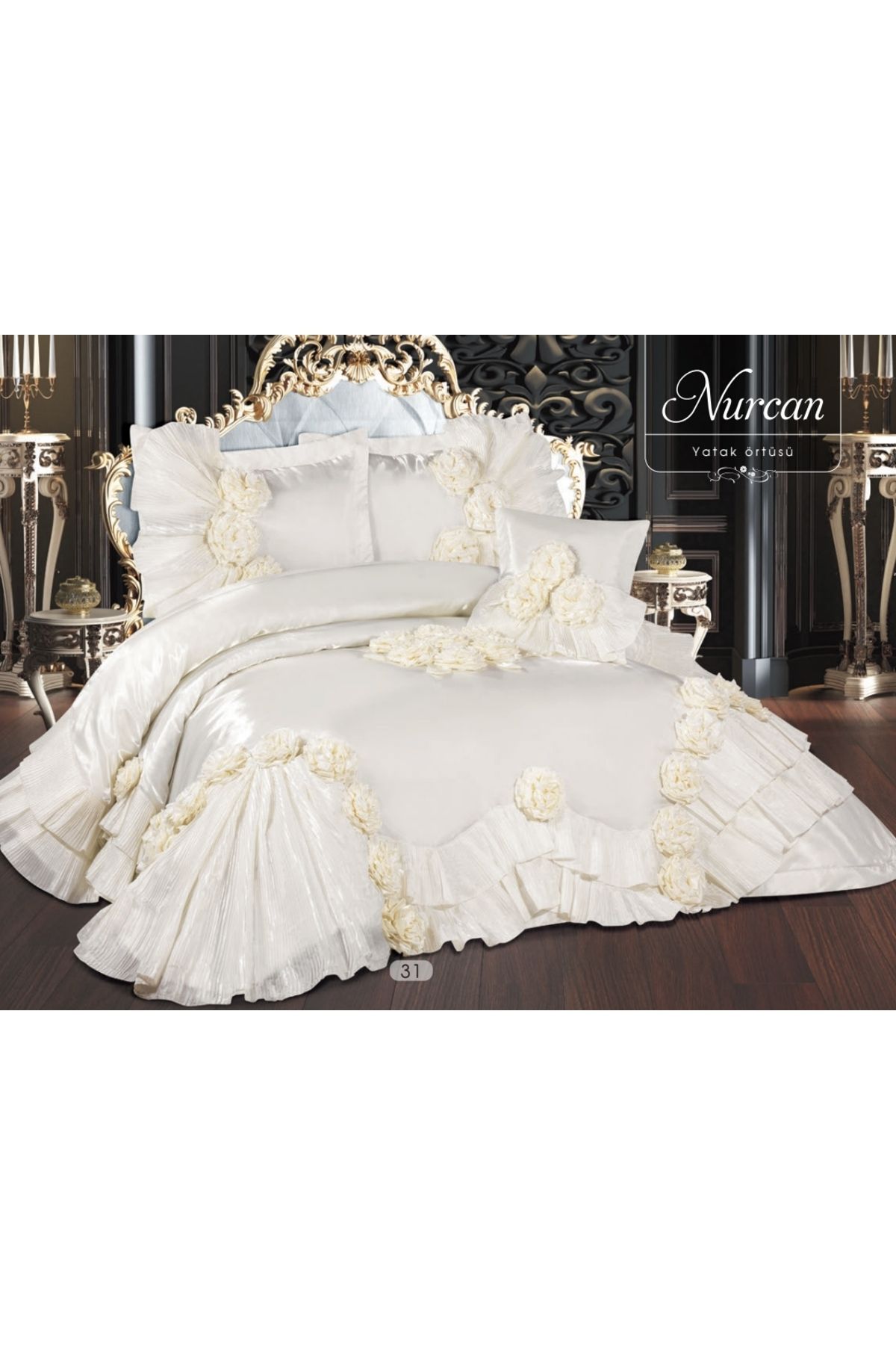 BALADI HOME Çeyizlik Yatak Örtüsü ( Set 4 Parçası ) Fransız Dantelli Ve Kapitoneli Yüksek Kalite Set Çantada