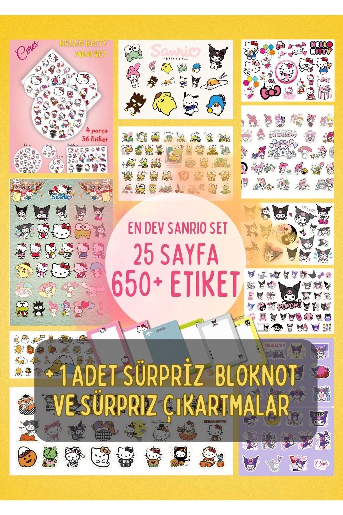 Ceres Studio En Dev Sanrio Sticker Set Hello Kitty Kuromi 25 Syf 650+ Etiket + 1 Bloknot (bullet Journal)