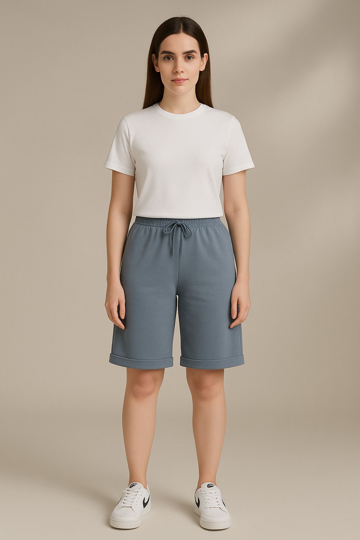 OXVİN Relax Return Katlamalı Paça Beli Bağcıklı Oversize Bermuda Kadın Şort