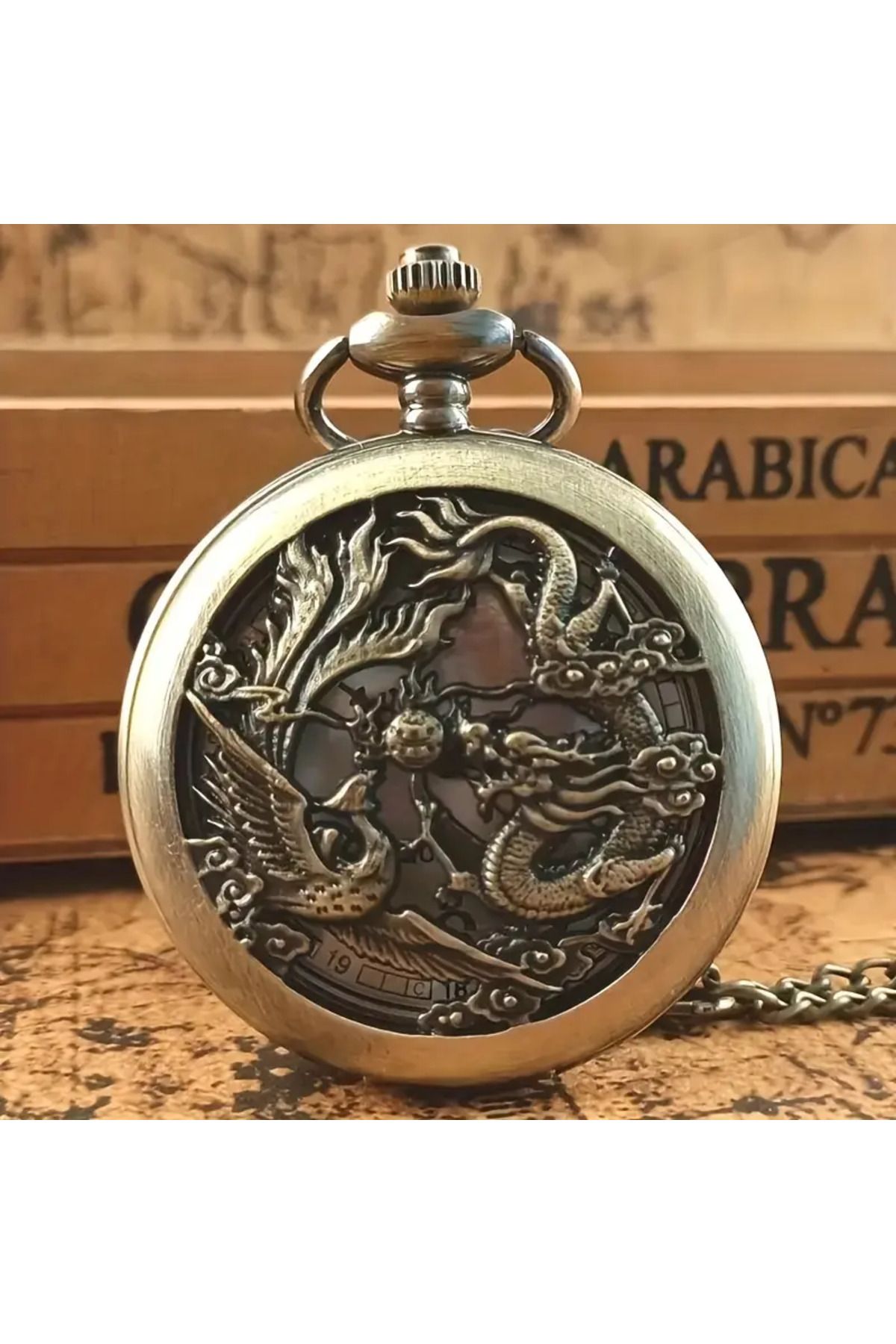 MİLALAZO Retro Bronz Ejderha ve Anka Kuşu 3D Oymalı Kuvars Cep Saati, Erkekler ve Kadınlar İçin