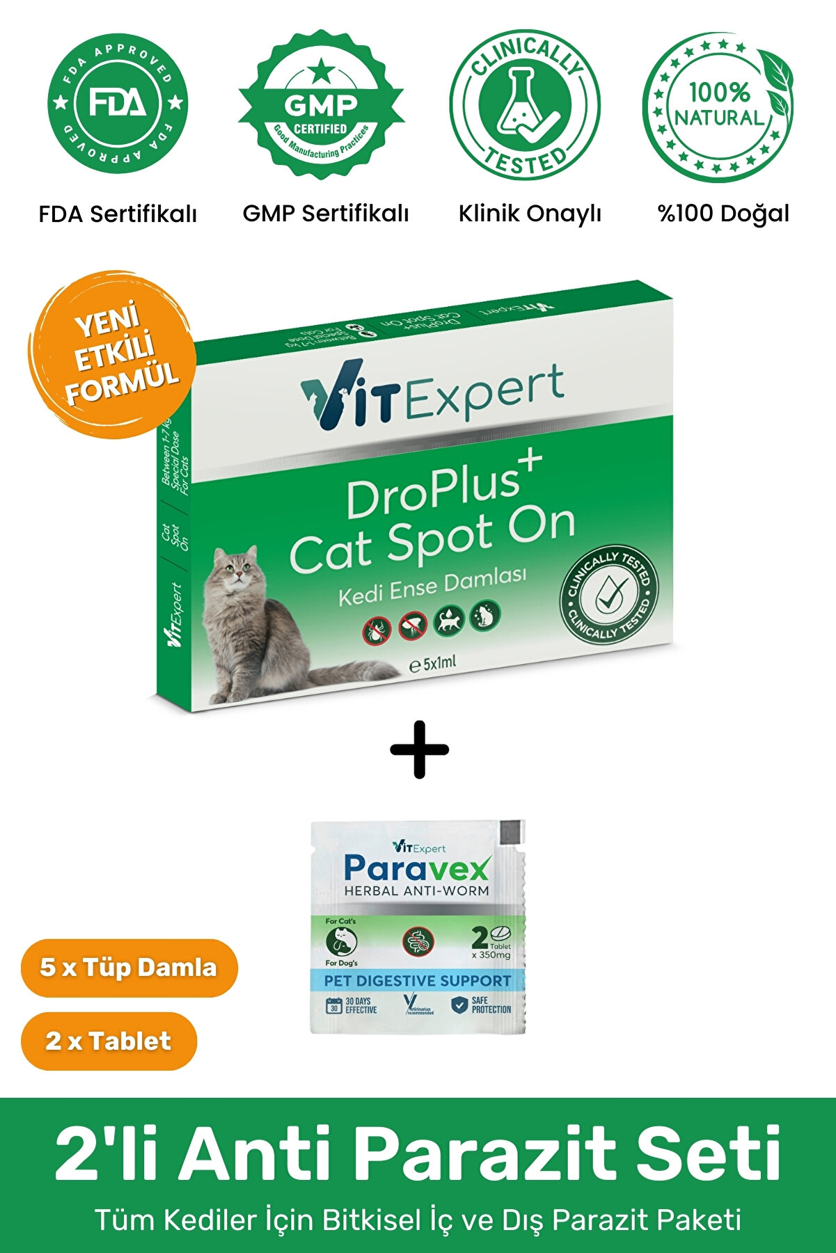 Vitexpert 2'li Set Kedi İç Dış Anti Parazit Tüm Kediler İçin Bitkisel 5 Damla Ve 2 Tablet