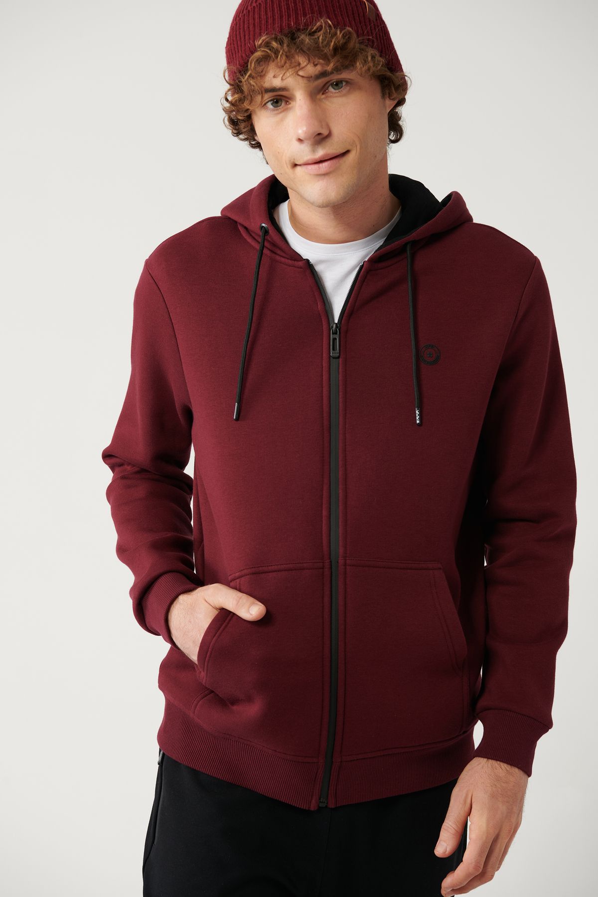 Avva Erkek Koyu Bordo Kapüşonlu 3 Iplik Şardonlu Fermuarlı Sweatshirt E001019