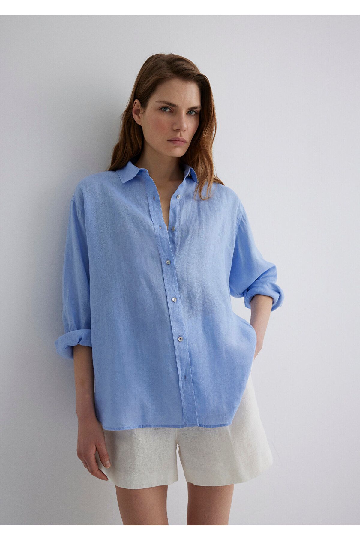 Mavi Keten Gömlek Loose Fit / Bol Rahat Kesim 1210747-80874