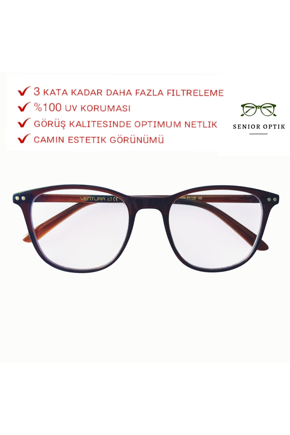 VENTURA Mavi Işık Korumalı Gözlük Essilor Marka Cam Mavi Işık Filtreli Ekran Gözlüğü 1029 C3 Kahverengi