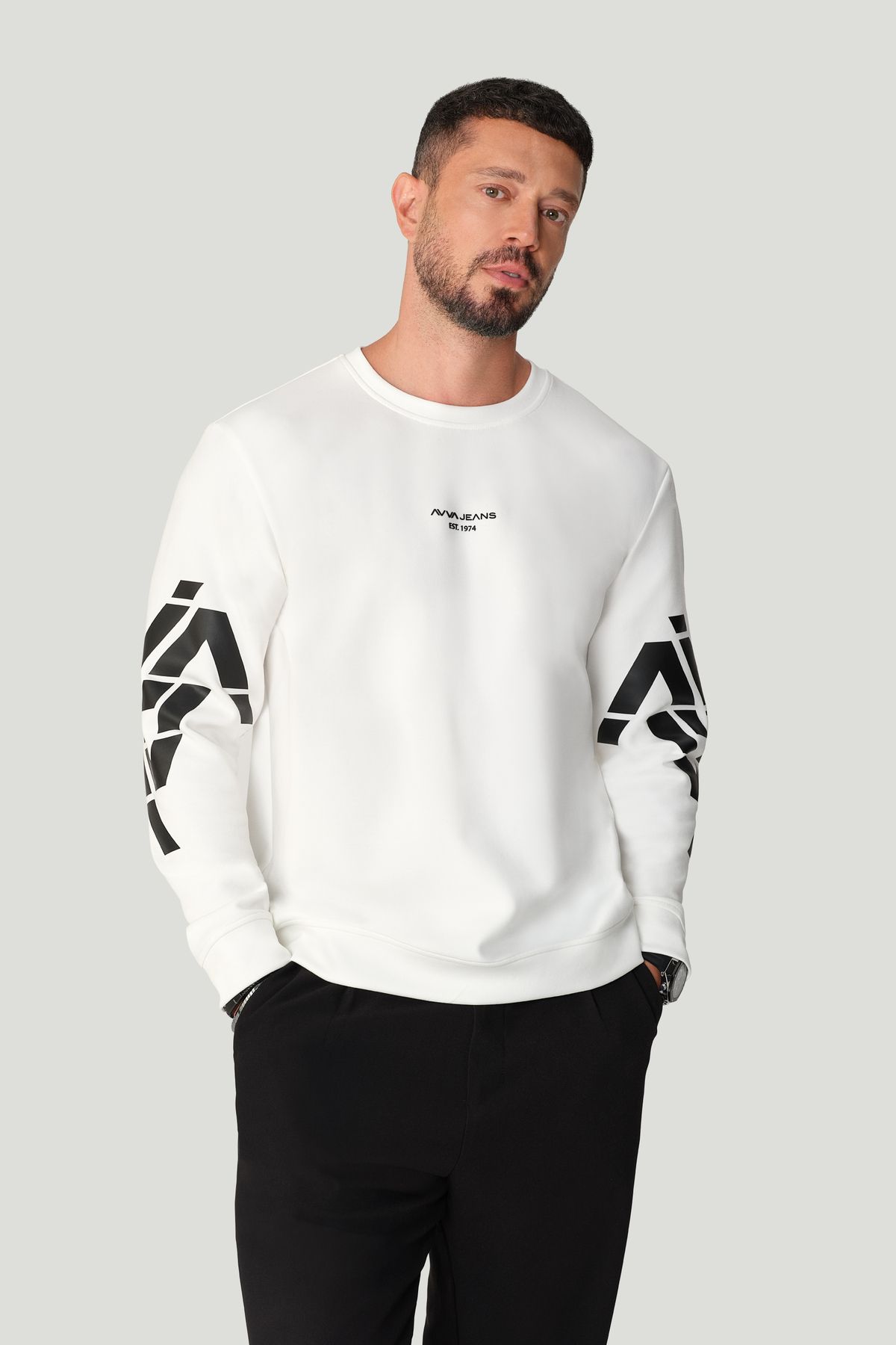 Avva Erkek Ekru Bisiklet Yaka Pamuklu Baskılı Elastan Sweatshirt A42Y1256