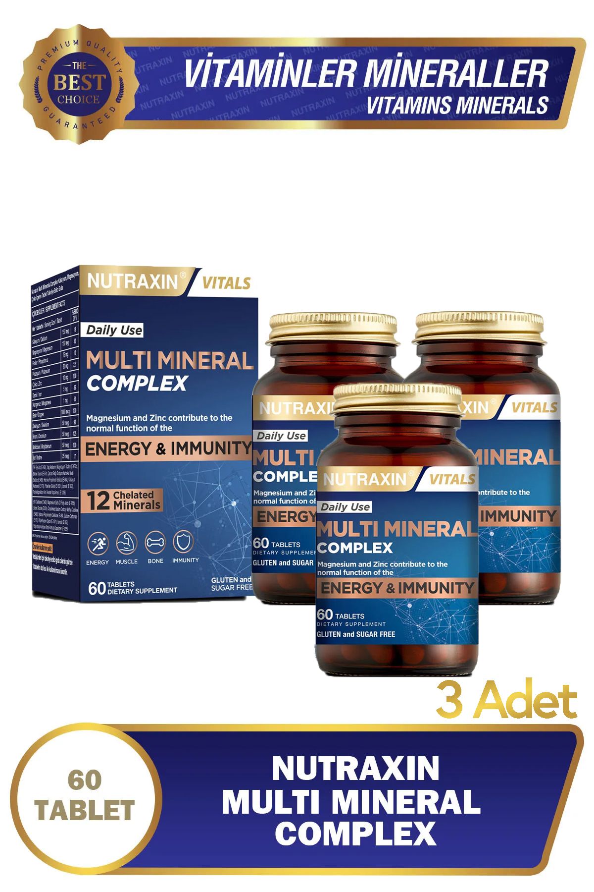 Nutraxin Multi Mineral Complex 60 Tablet Magnezyum, Kalsiyum, Çinko, Demir, İyot, Krom 3 adet