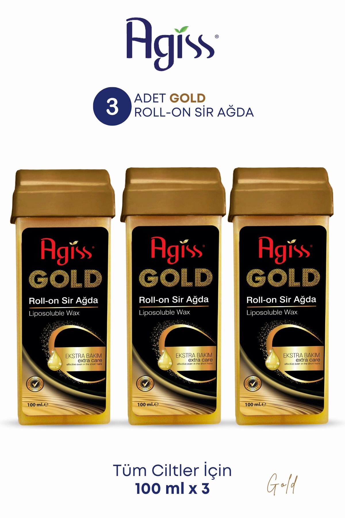 AGISS Roll On Gold Ekstra Bakım Sir Ağda 100 ml Tüm Cilt Tipleri Için Özel Formül 3 Adet