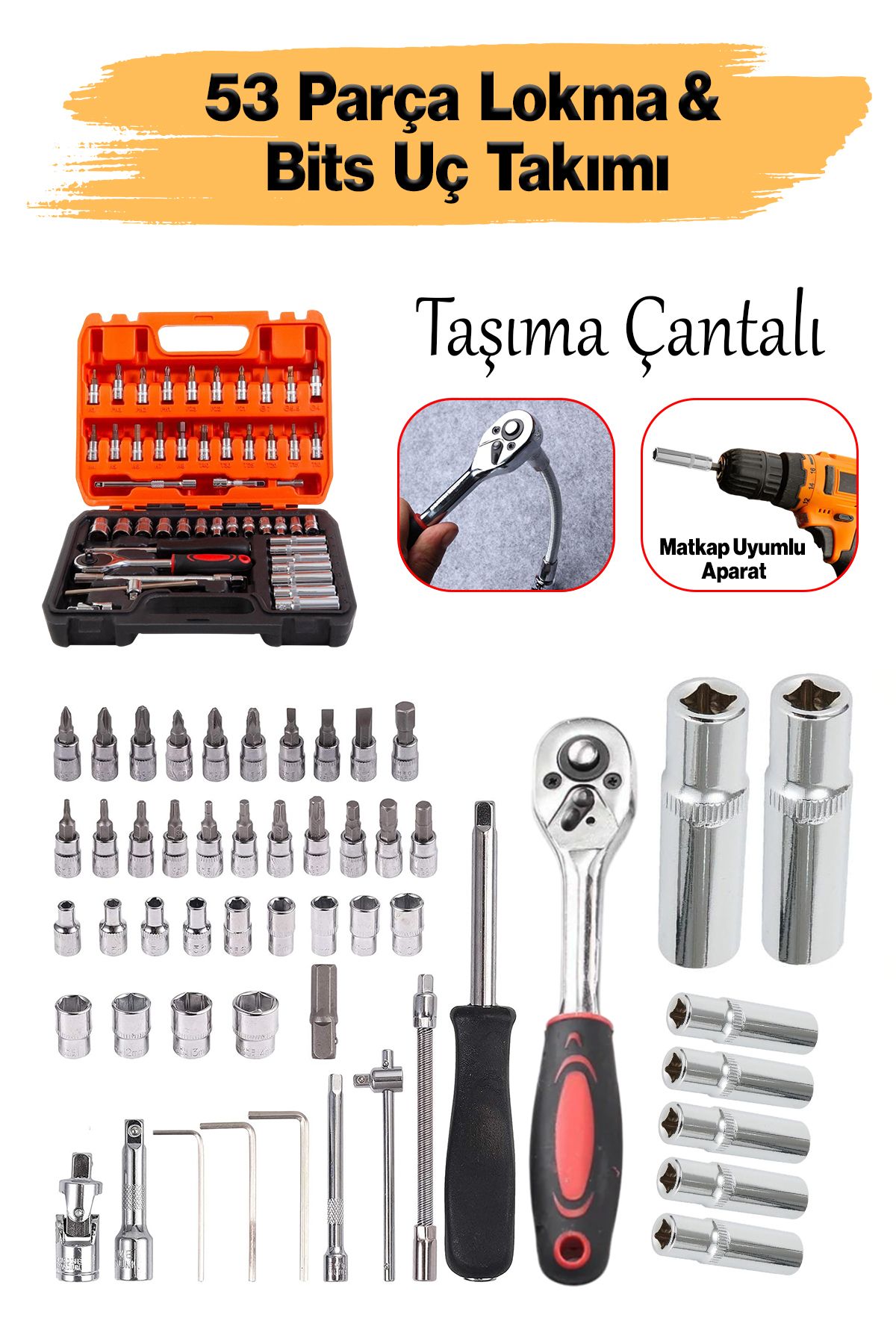 Badem10 Lokma Anahtar Takımı 53 Parça Uzatma Kolu Mafsallı 1/4 Yıldız Hex Tork Düz Set Bits Uç Allen