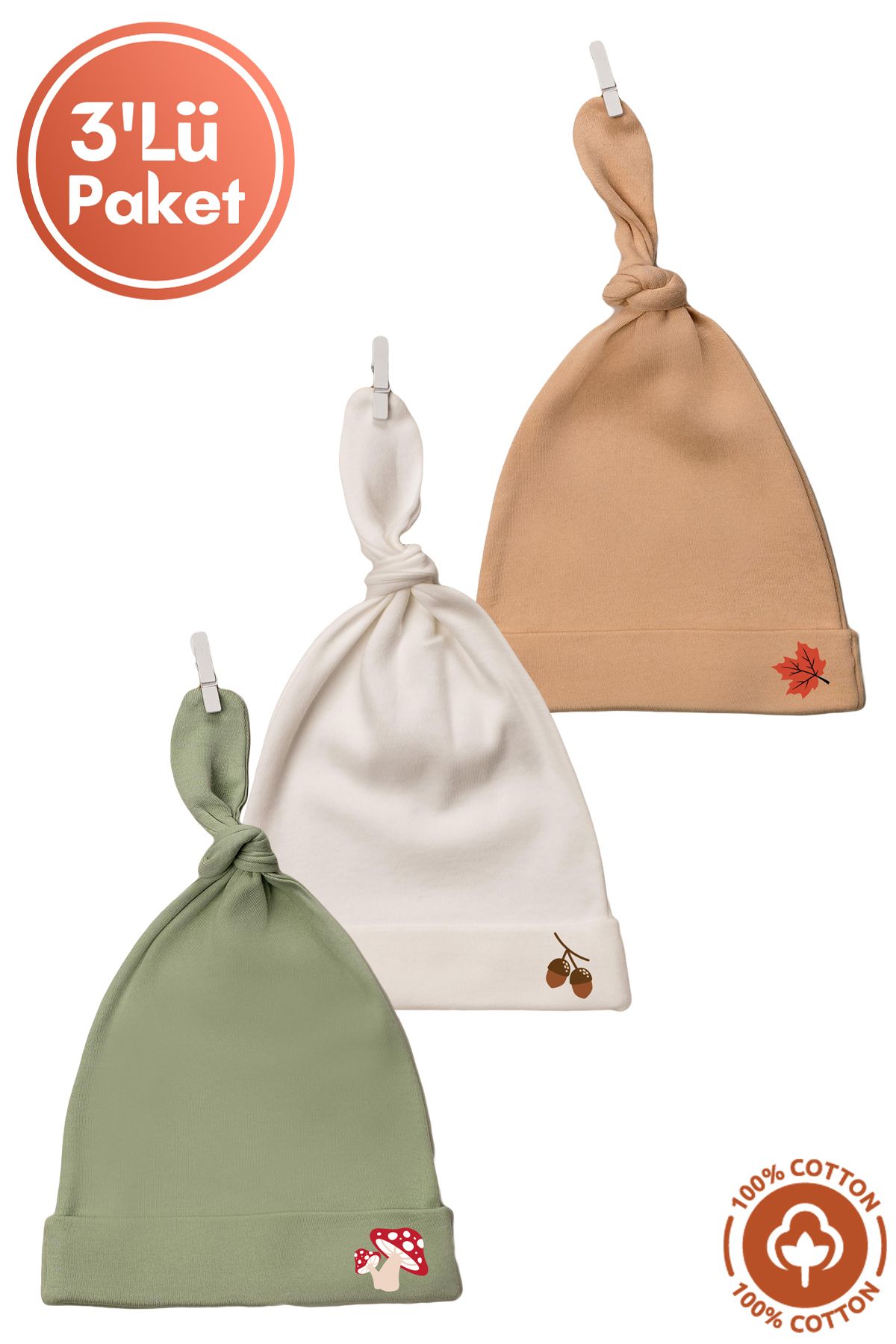 Miniel Unisex Bebek Wood Baskılı Bağlamalı Penye Organik Pamuklu Yenidoğan 3Lü Bebek Bere Set